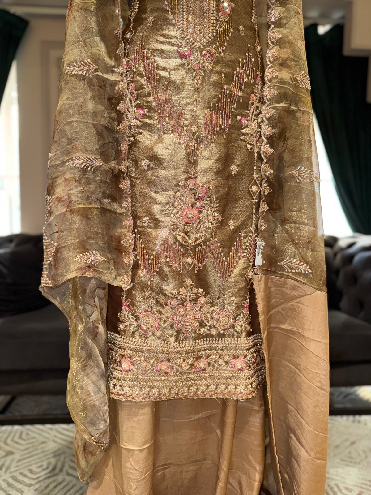 Antique Gold Unstitched Silk Suit Set with Heavy Zardozi Yoke and Floral Embellishments