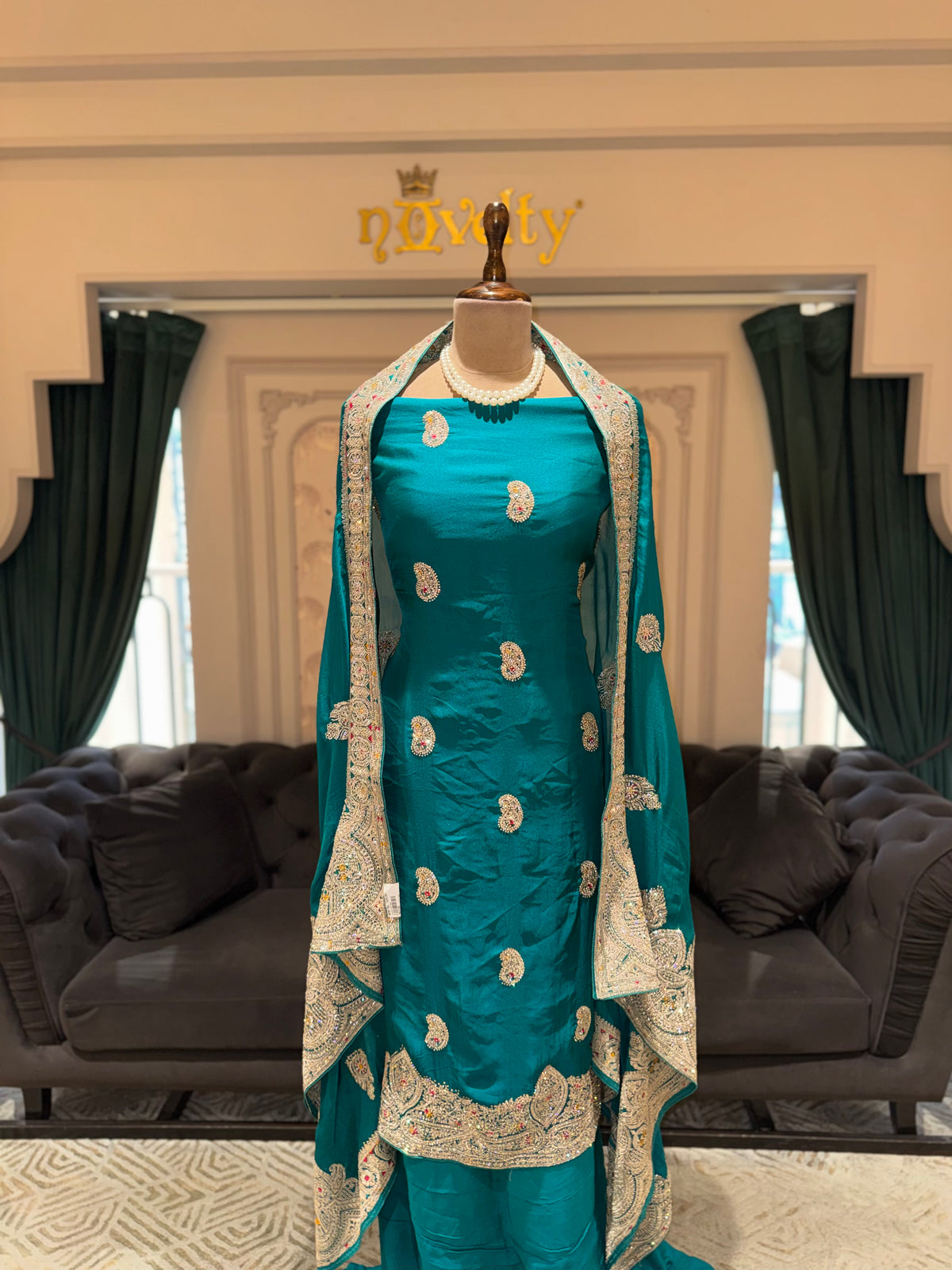 Peacock Blue Unstitched Silk Suit Set with Zardozi Paisley Bootis and Scalloped Border Dupatta