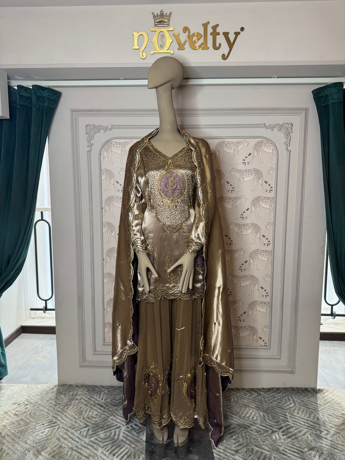 Antique Gold Designer Embroidered Sharara Suit