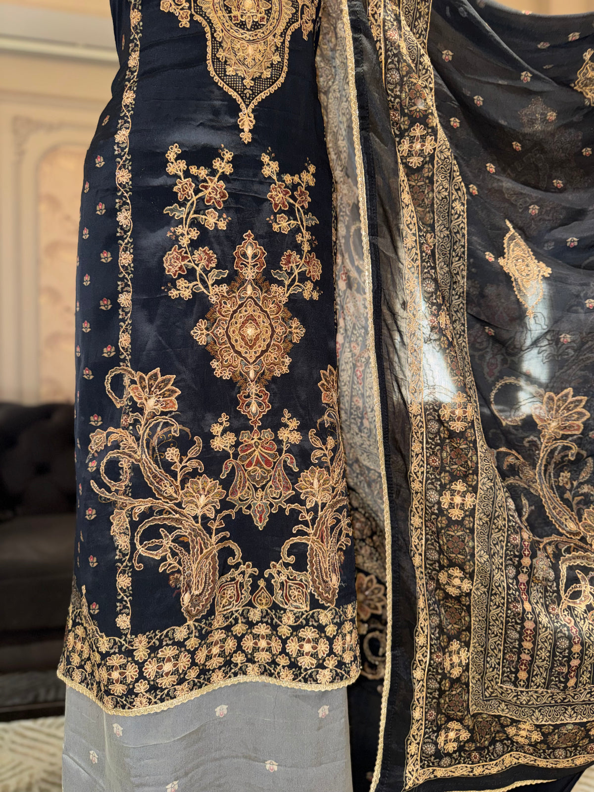 Navy Blue & Grey Embroidered Crepe Unstitched Suit