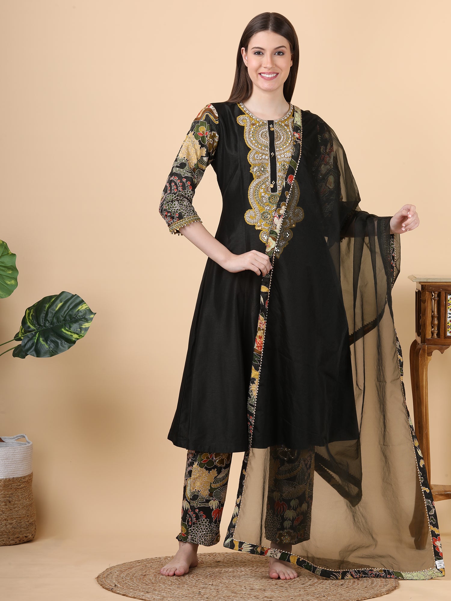 FABRIC- silk                          EMBROIDERY-pearls,handwork,shells                         DESIGN PATTERN-pants style                      WITH-dupatta