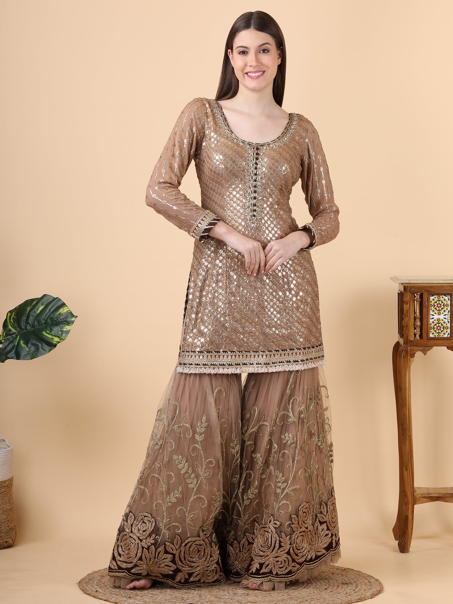 FABRIC-georgette                            EMBROIDERY-sequence                         DESIGN PATTERN- sharara style                                       WITH-net dupatta