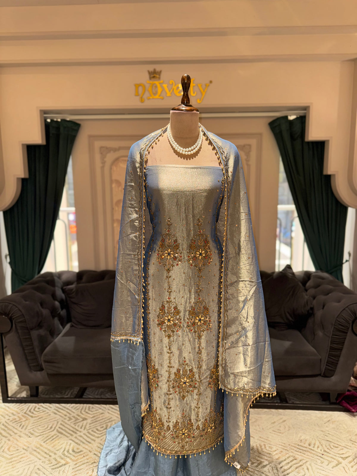 Elegant Steel Blue & Gold Embroidered Unstitched Suit