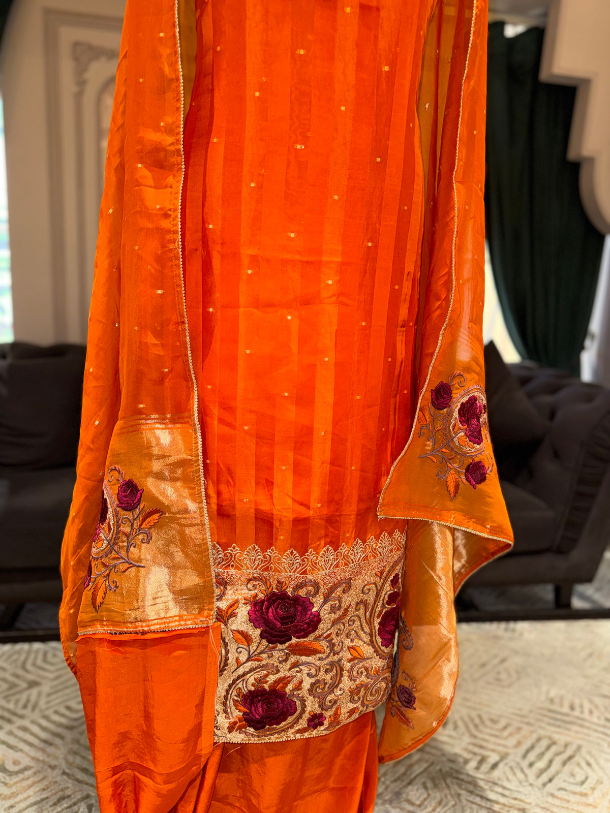 Orange Embroidered Unstitched Suit with Floral Border