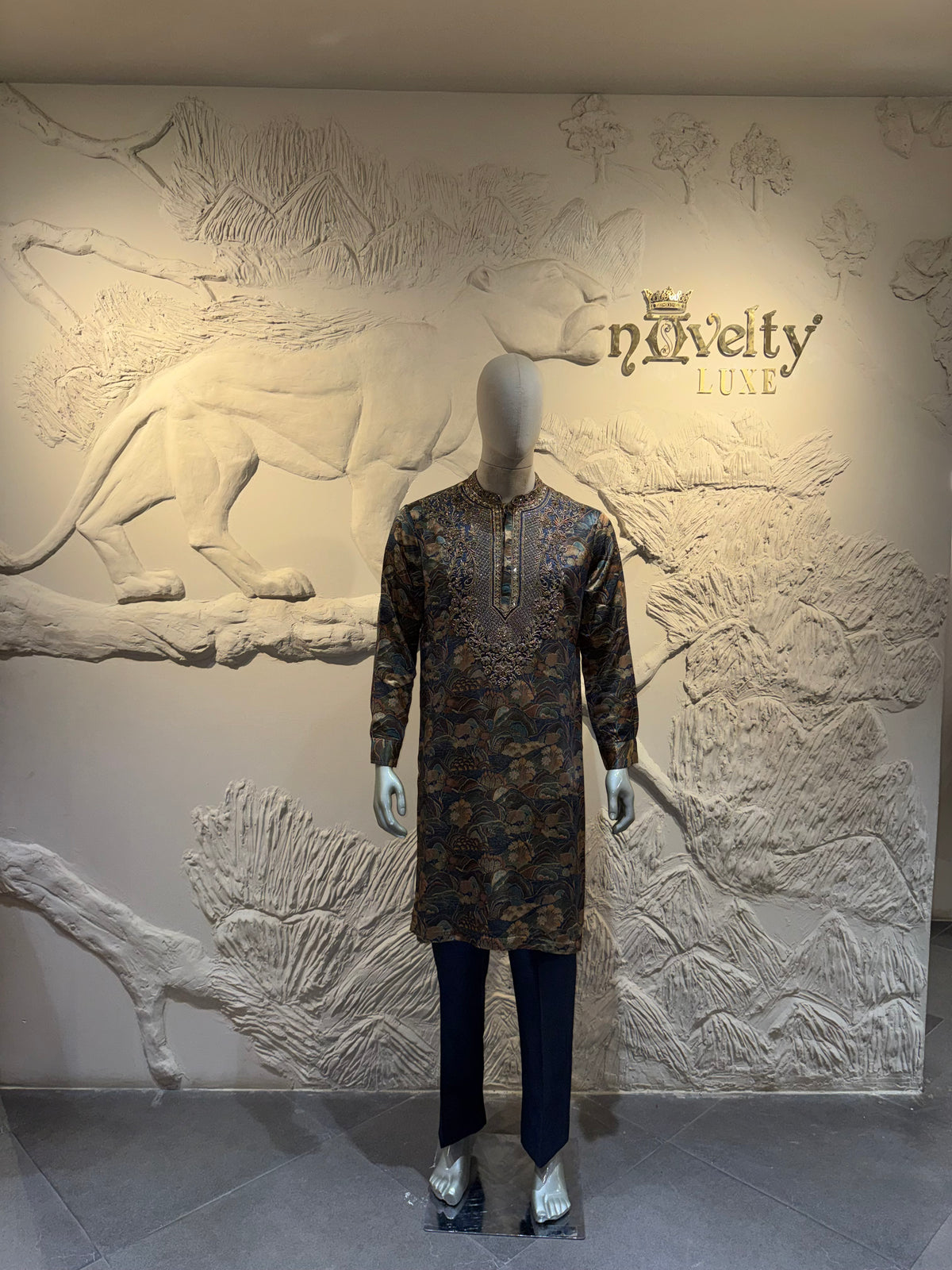 Designer Charcoal & Gold Floral Silk Jacquard Kurta Set with Embroidered Placket
