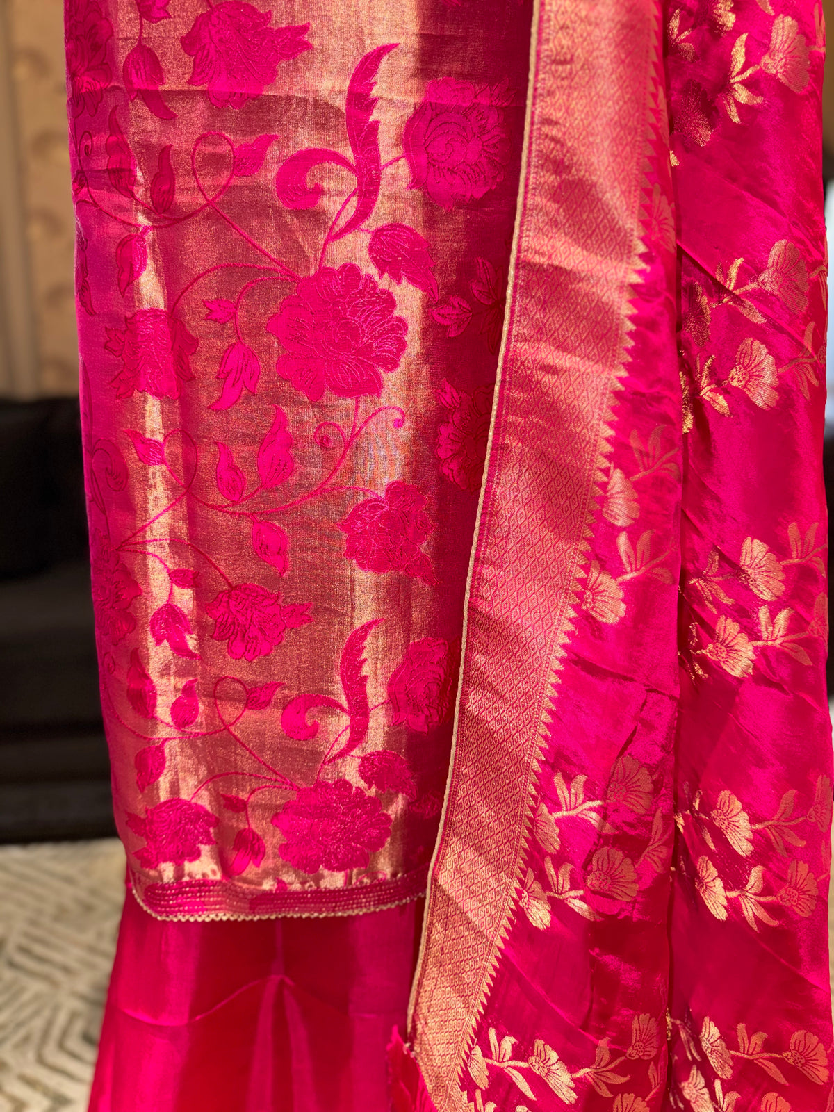Magenta Rani Pink Unstitched Banarasi Silk Suit Set with Gold Floral Jaal & Zardozi Neck Yoke