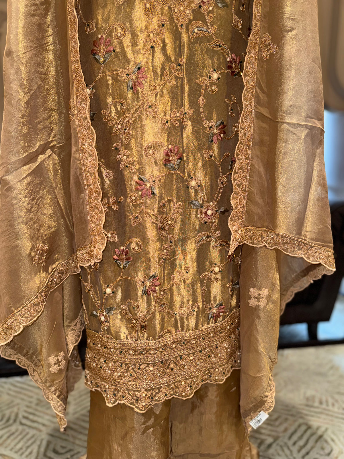 Metallic Gold Unstitched Silk Suit Set with Mirror-Work Zardozi Yoke & Scalloped Dupatta