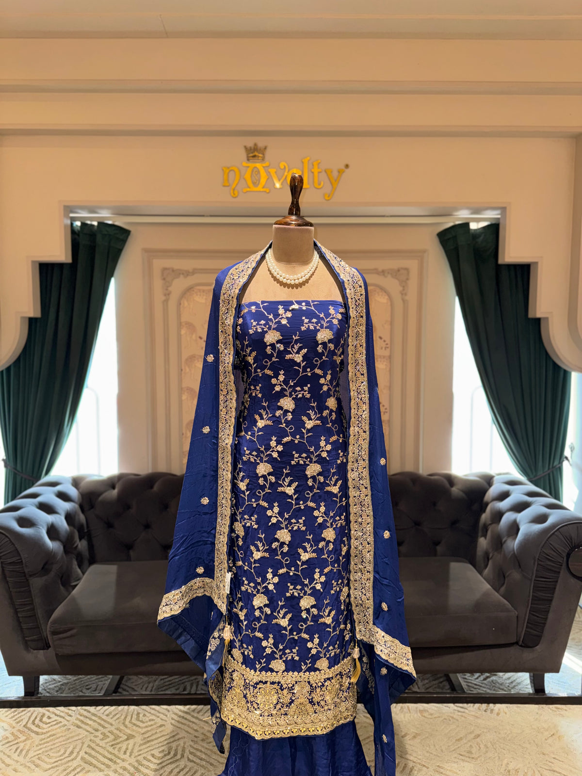 Royal Blue Unstitched Silk Suit Set with Floral Zari Jaal and Scalloped Dupatta