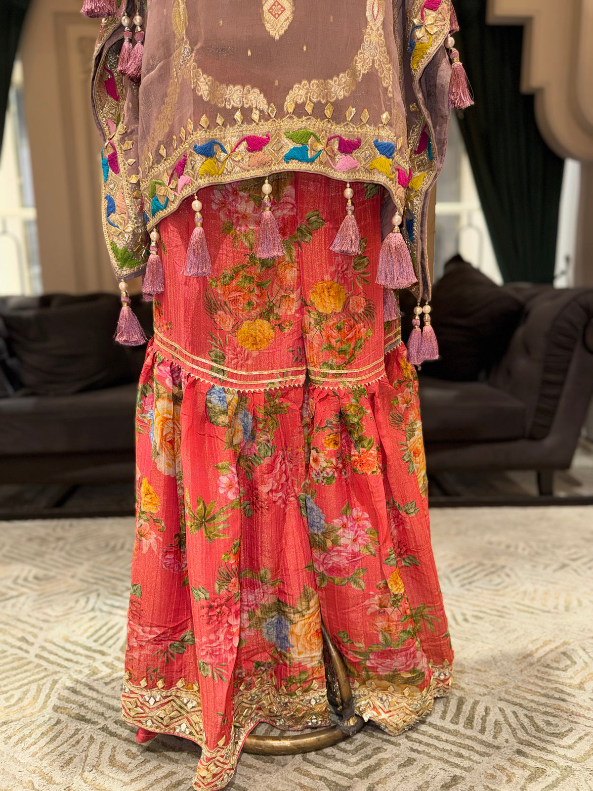 Dusty Pink Embroidered Kaftan with Floral Sharara Set