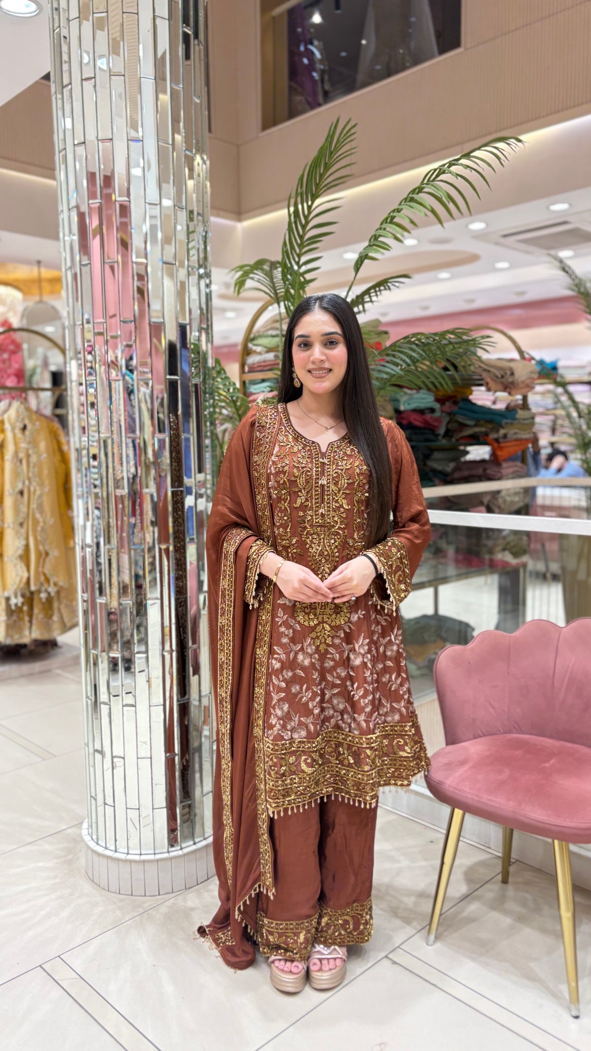 Elegant Brown Embroidered Suit Set