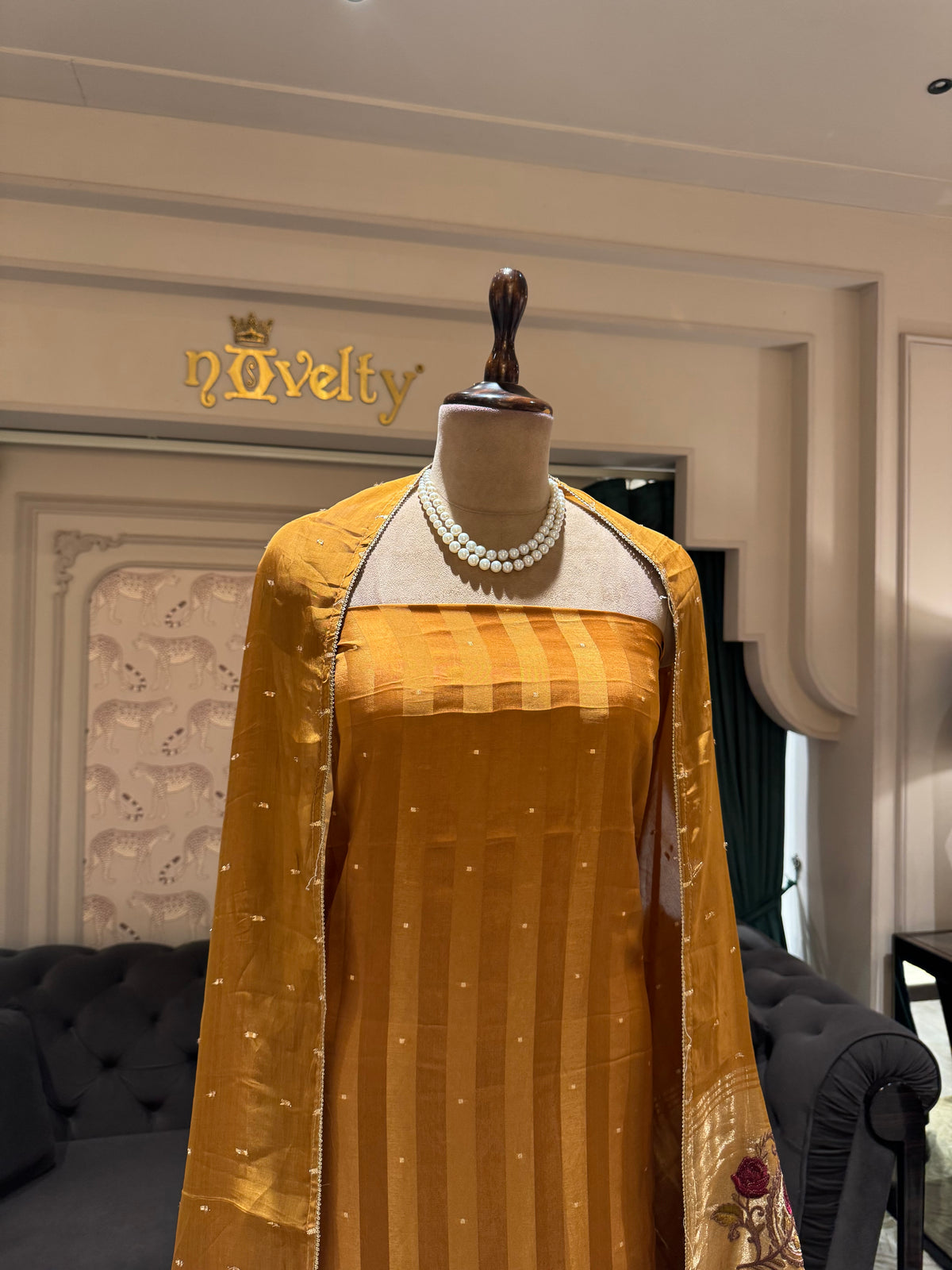 Mustard Gold Embroidered Unstitched Suit with Floral Dupatta