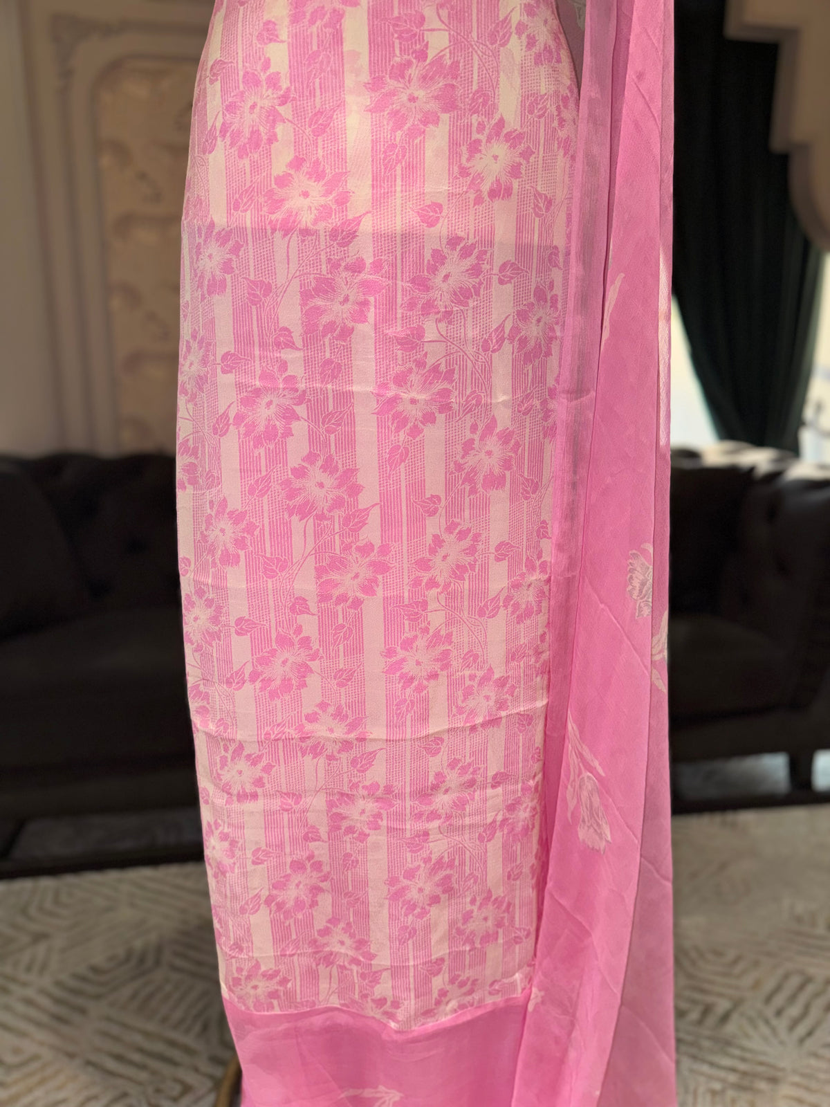 Baby Pink Floral Crepe Unstitched Suit