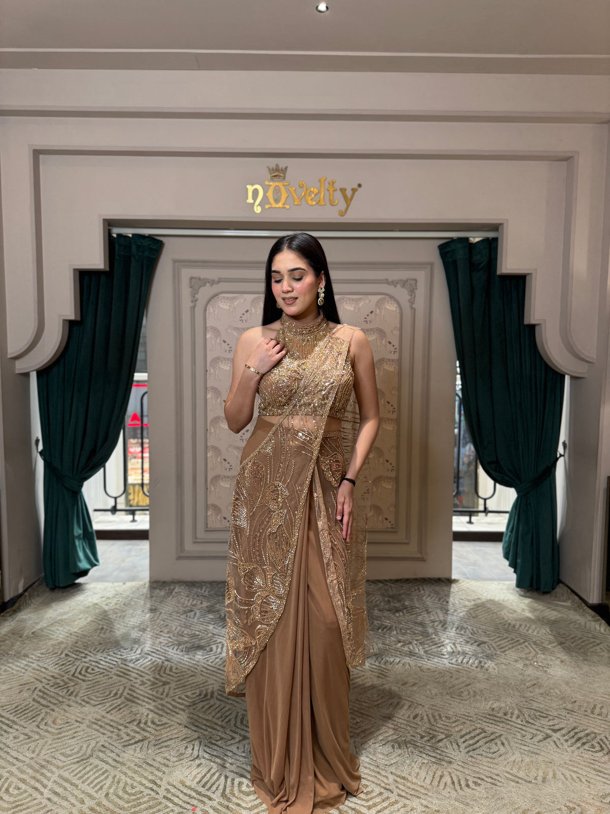 Draped Embellished Pre-Draped Saree Set