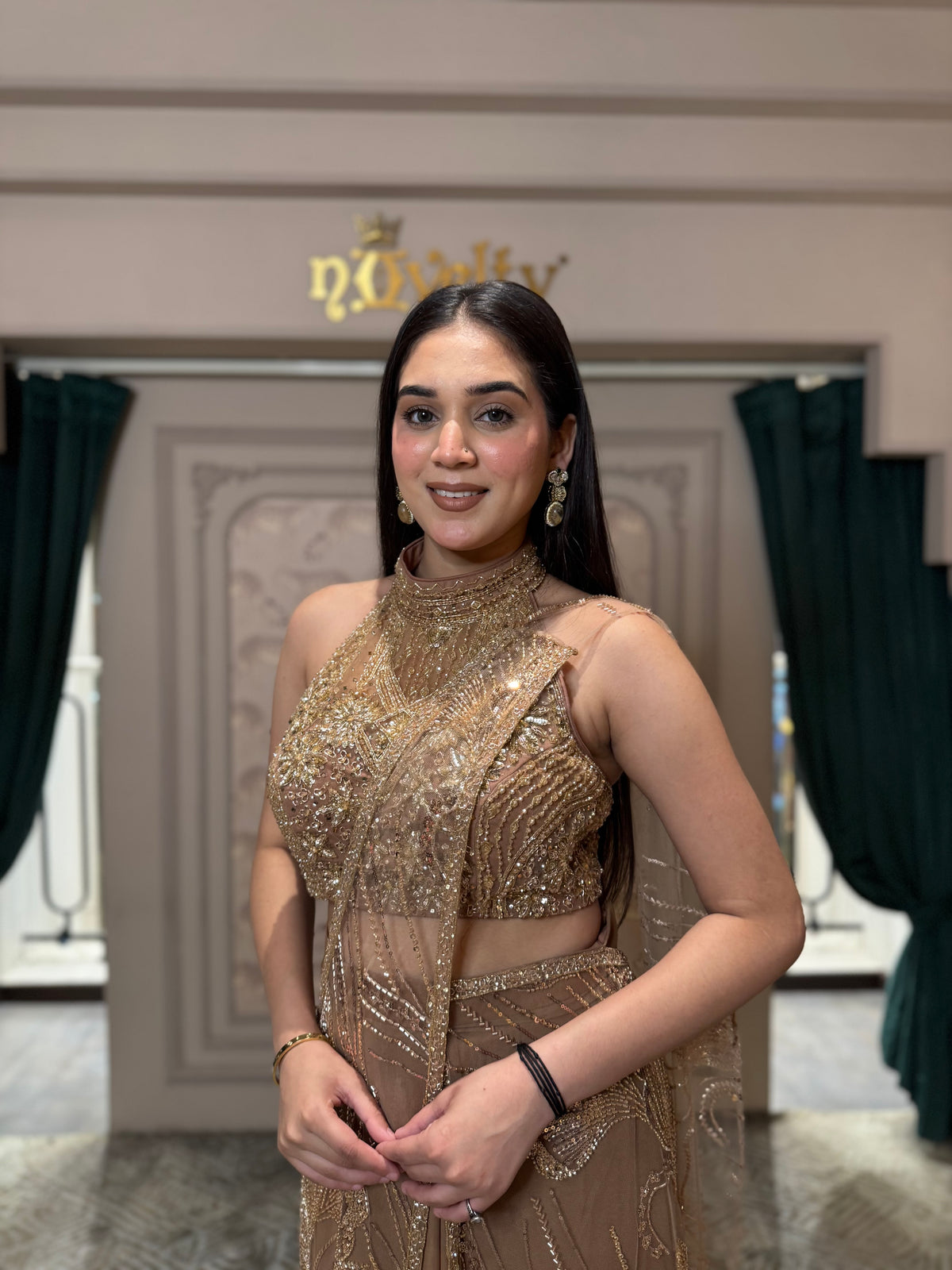 Draped Embellished Pre-Draped Saree Set