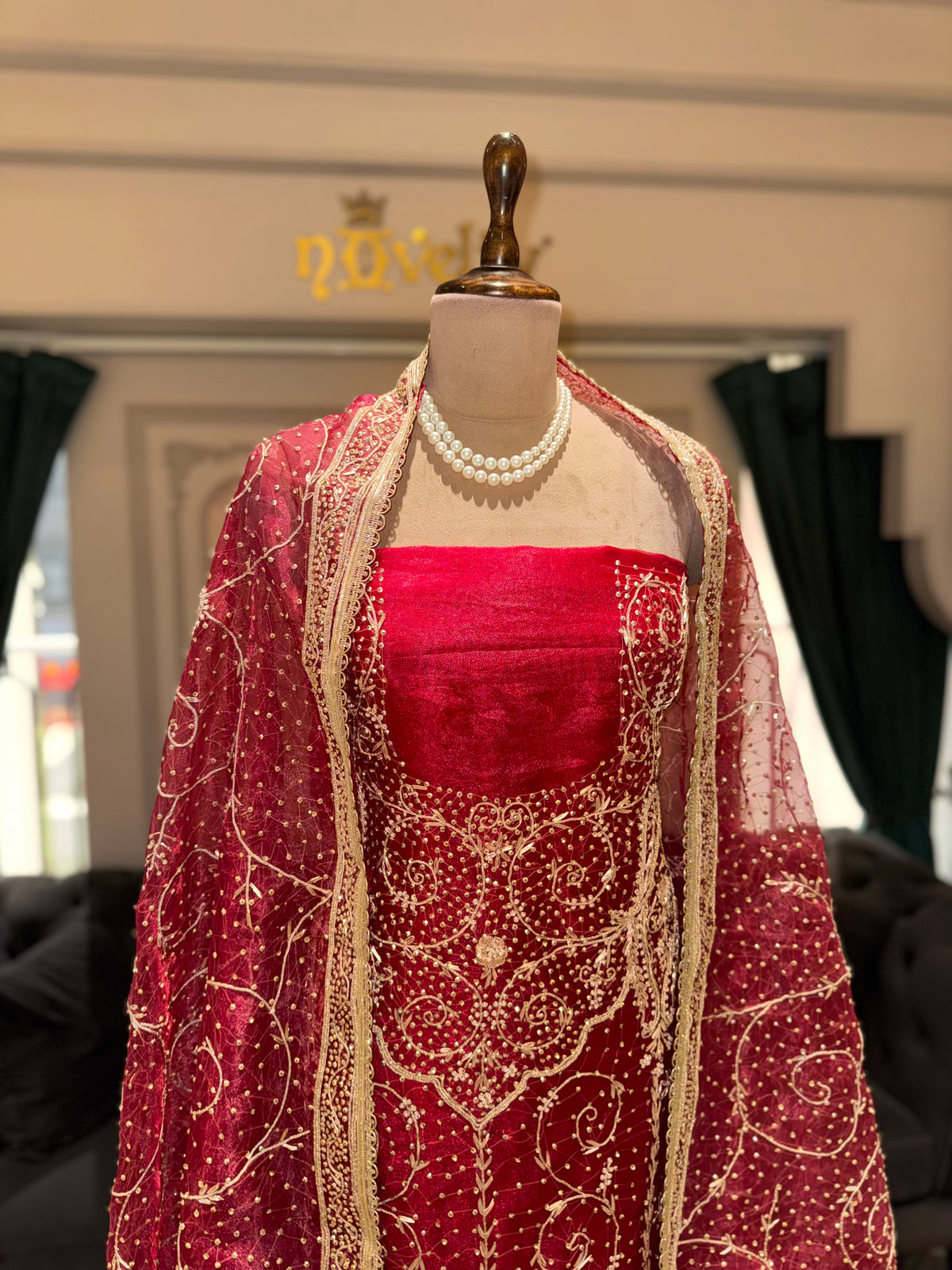 Crimson Red Unstitched Silk Suit Set with Dense Zardozi Work and Embroidered Dupatta
