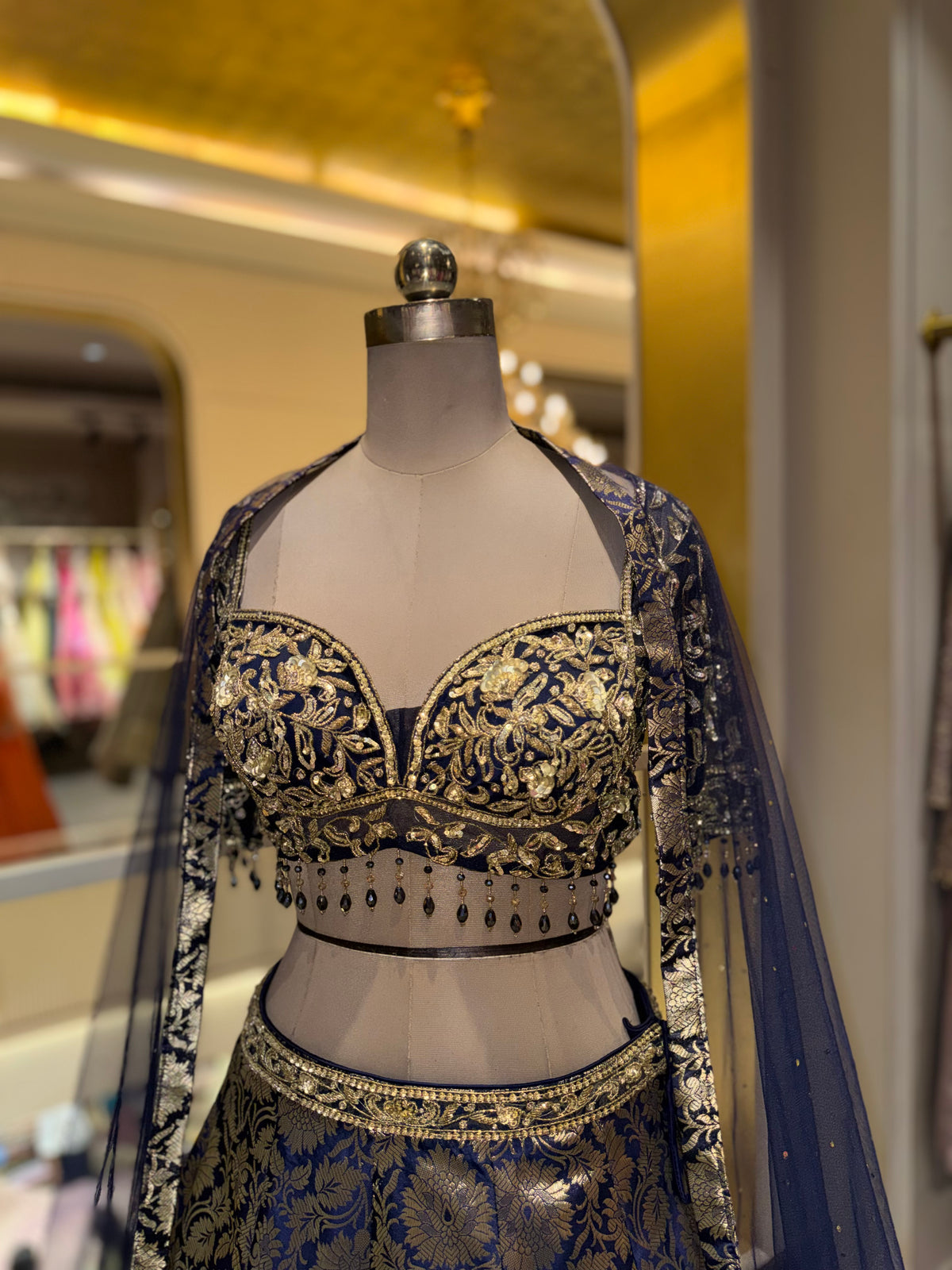 Navy Blue & Golden Embroidered Lehenga Set