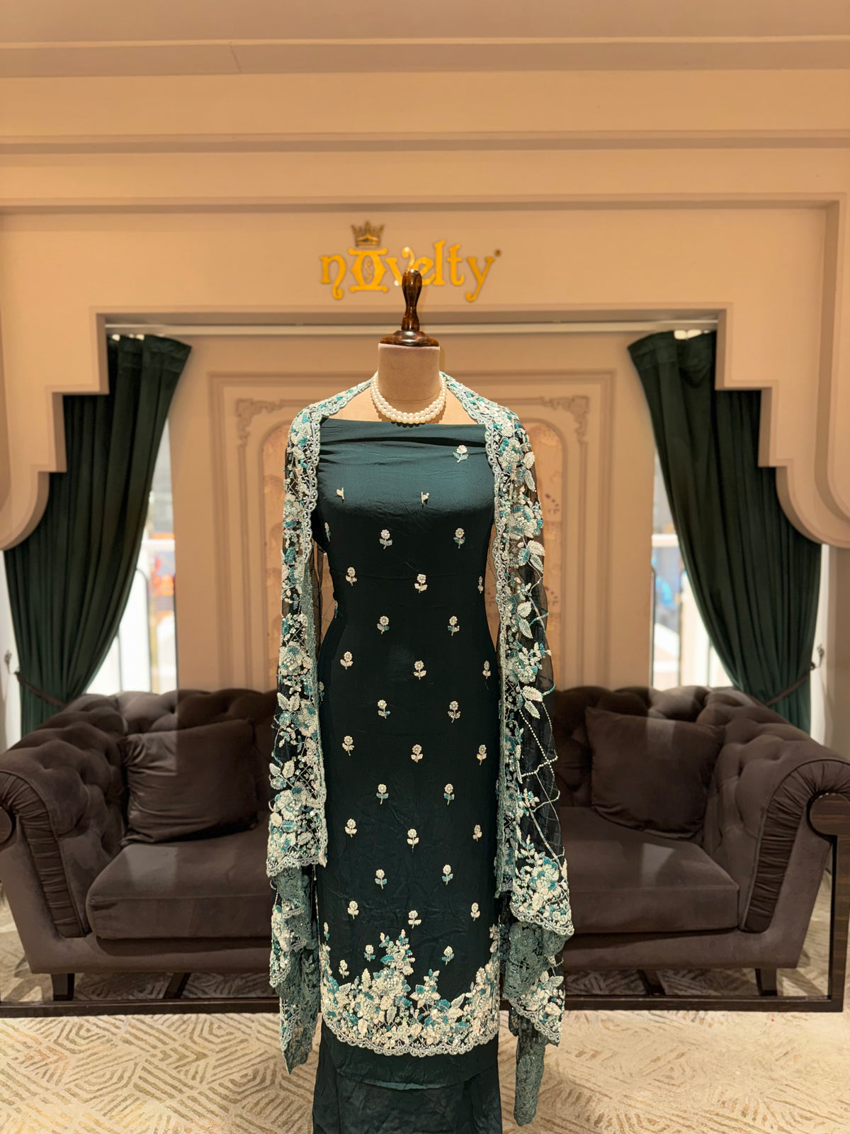 Emerald Green Unstitched Silk Suit Set with Scattered Floral Bootis & Mint Lace Dupatta