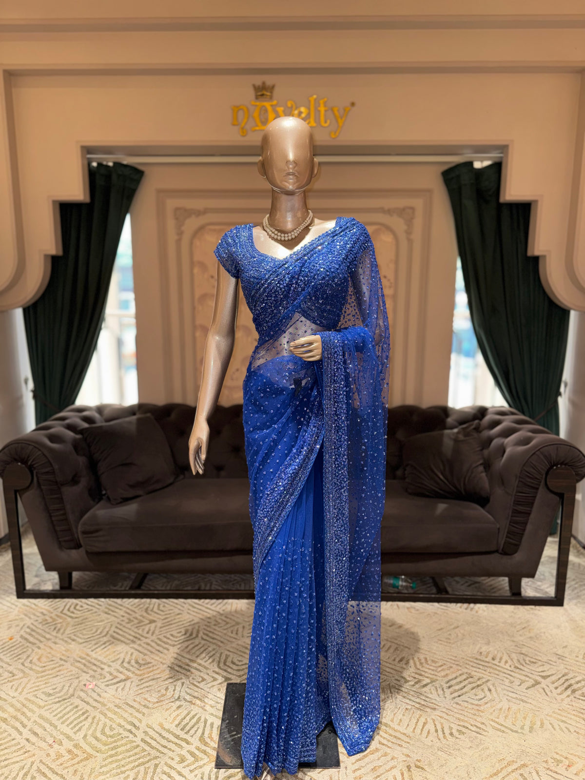 Royal Blue Embellished Net Saree with Heavy Sequin Embroidery & Matching Designer Blouse