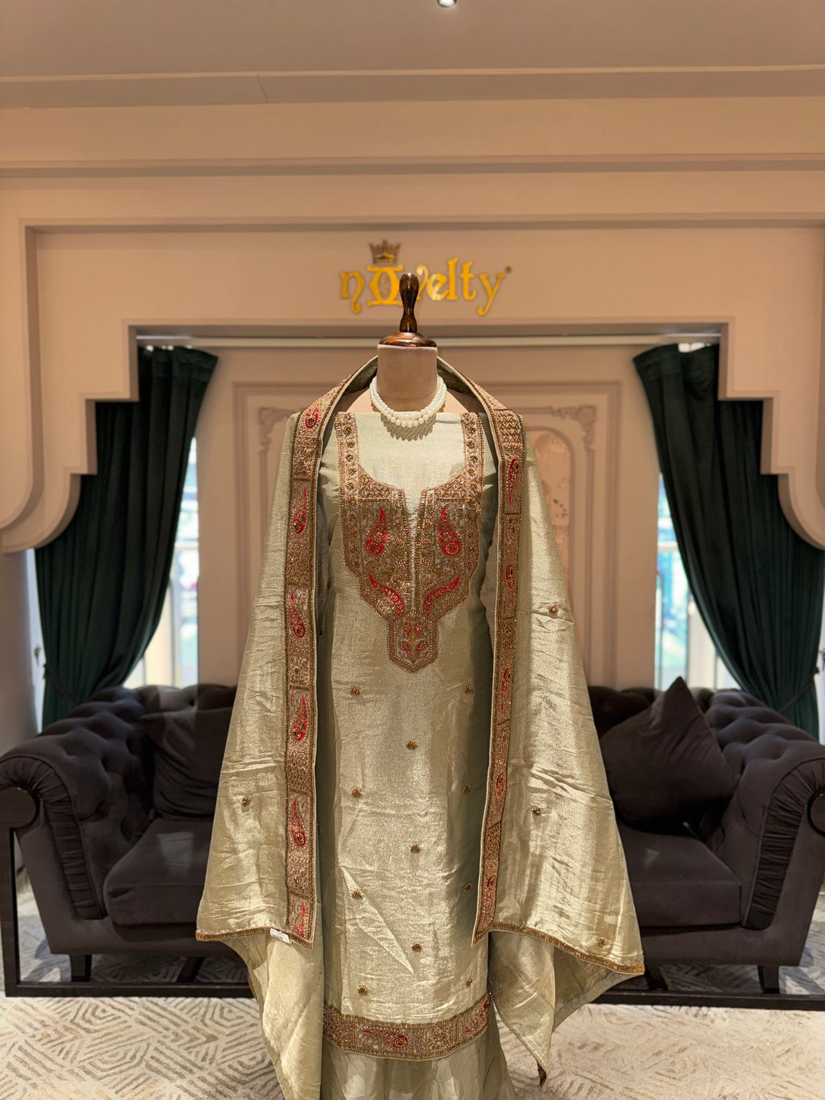 Mint Green Unstitched Silk Suit Set with Ornate Rust Paisley Zardozi Yoke & Border Dupatta
