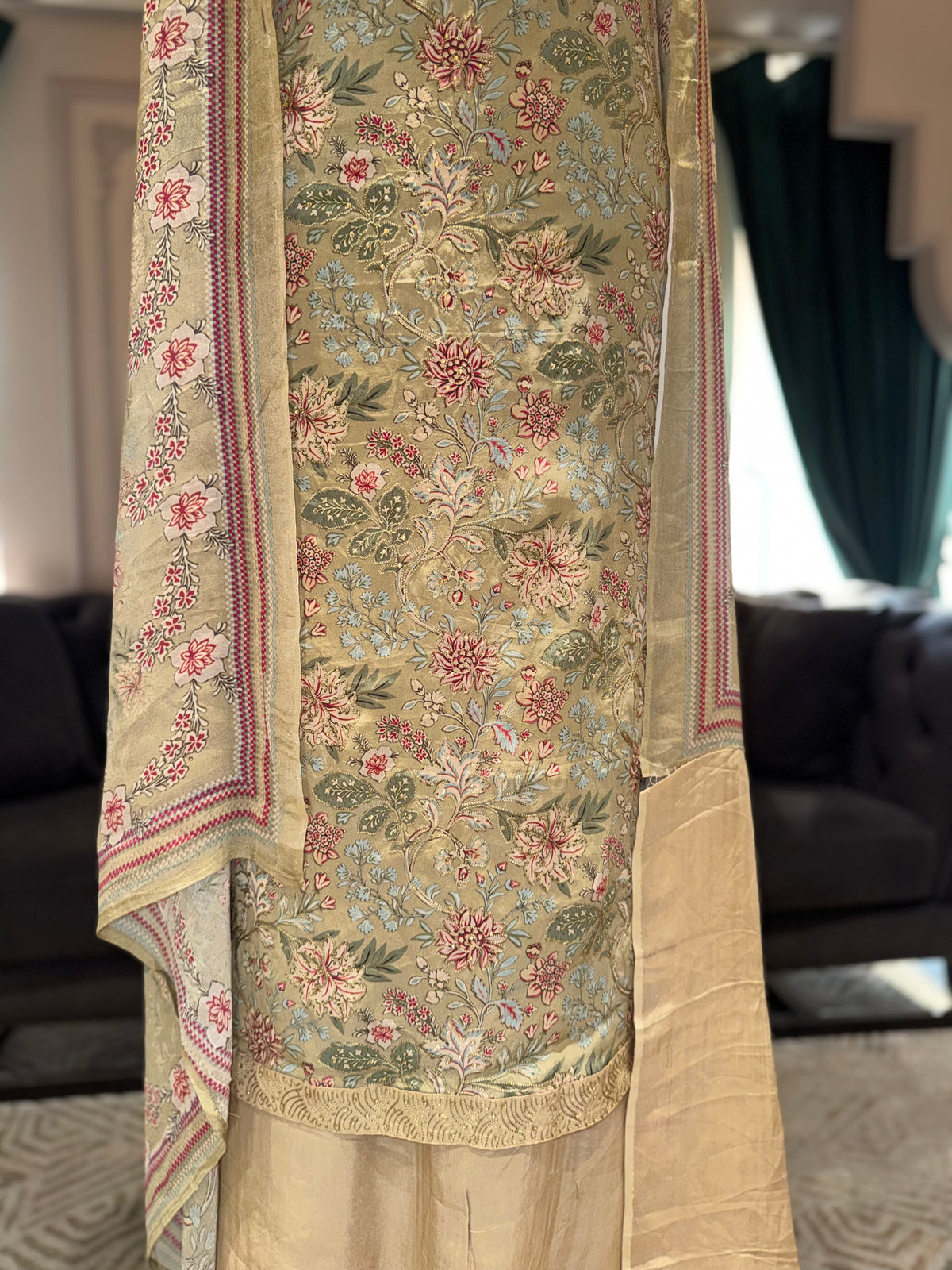 Pastel Yellow Floral Crepe Unstitched Suit