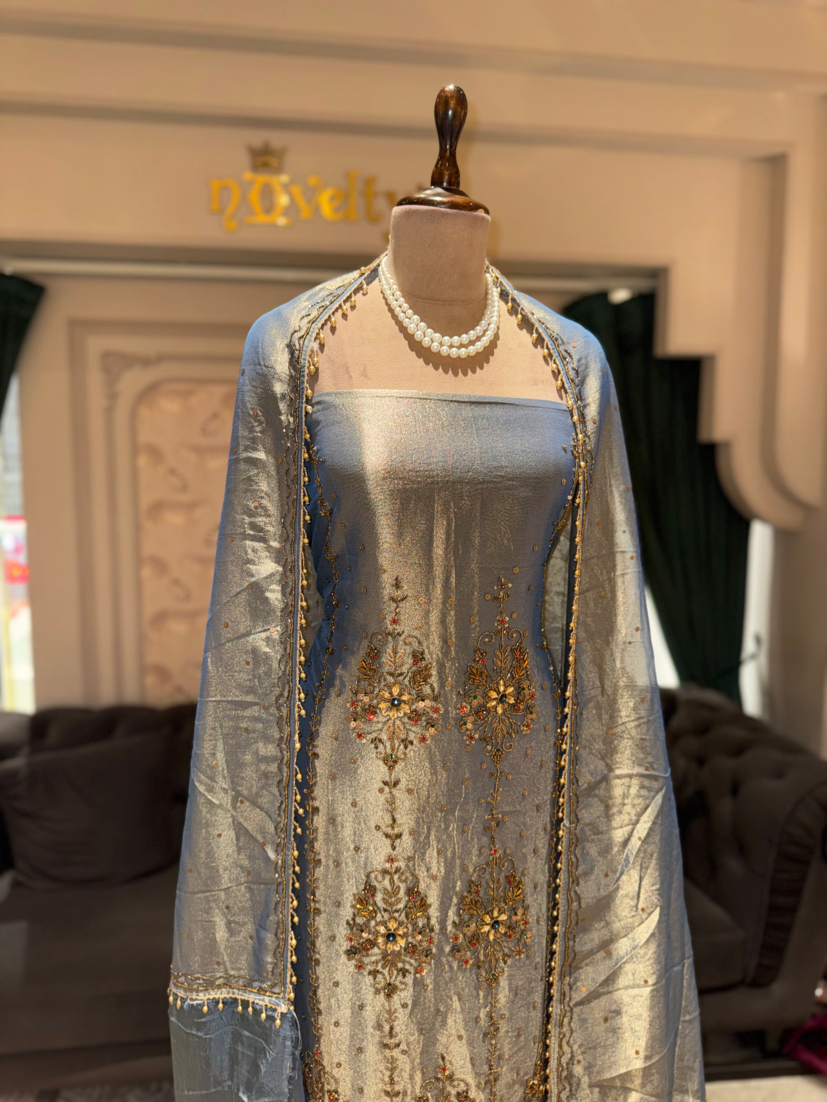Elegant Steel Blue & Gold Embroidered Unstitched Suit