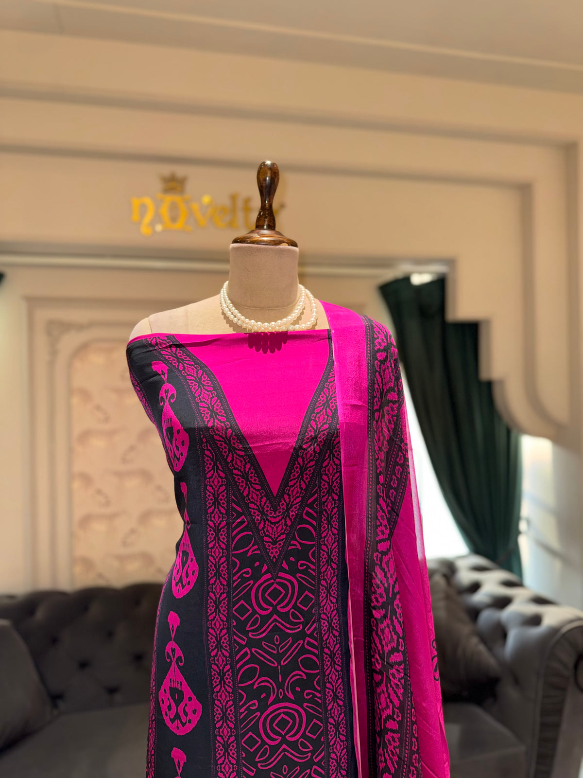Charcoal & Magenta Printed Pure Crepe Unstitched Suit Set with Printed Dupatta