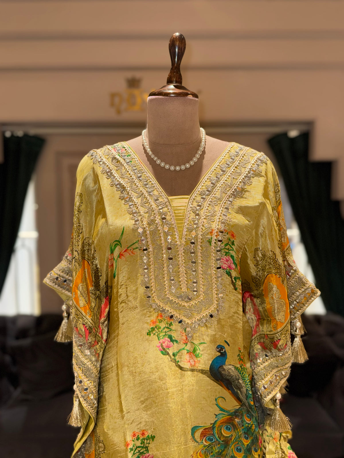 Yellow Peacock Print Embroidered Kaftan Suit