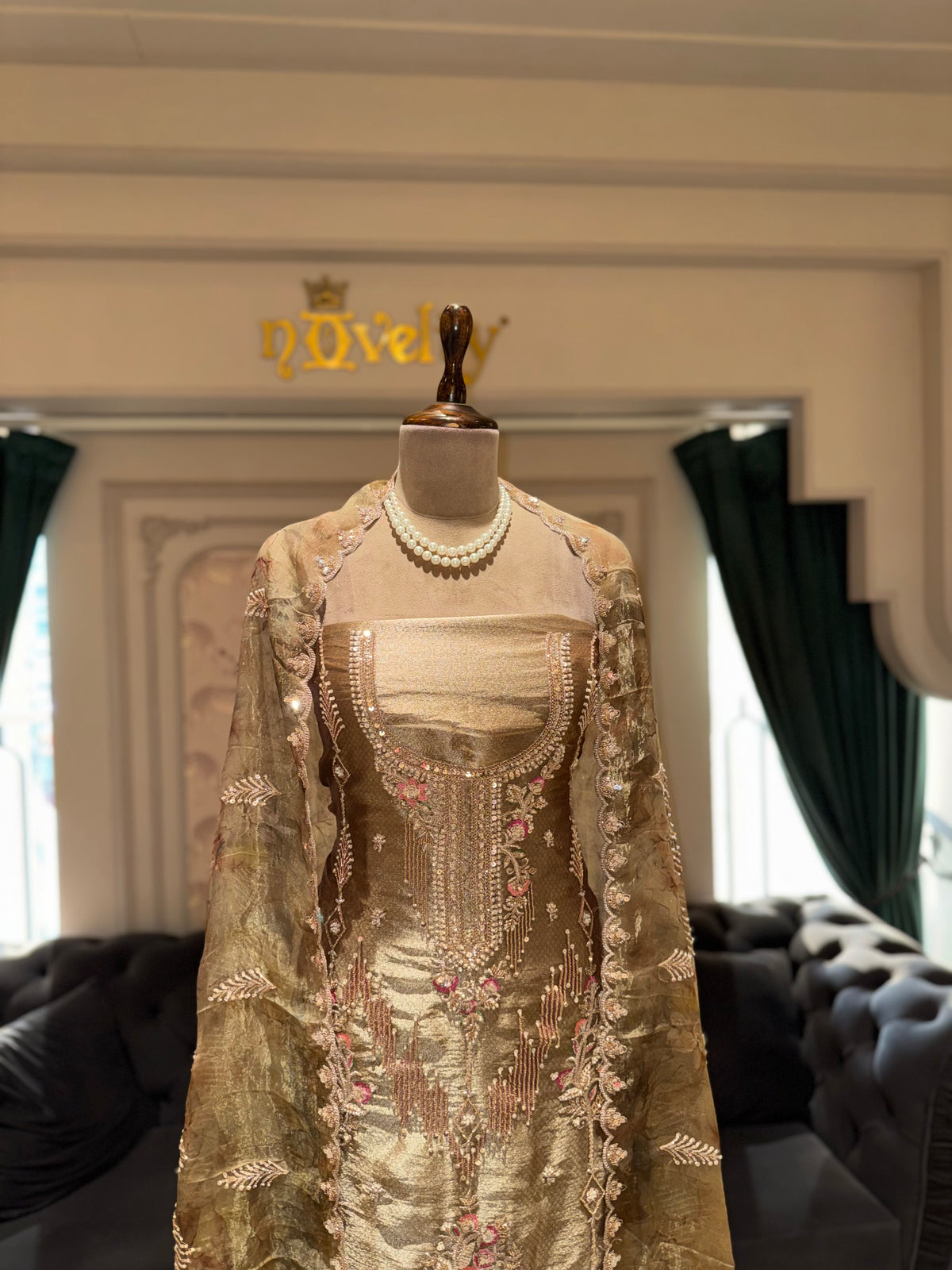 Antique Gold Unstitched Silk Suit Set with Heavy Zardozi Yoke and Floral Embellishments