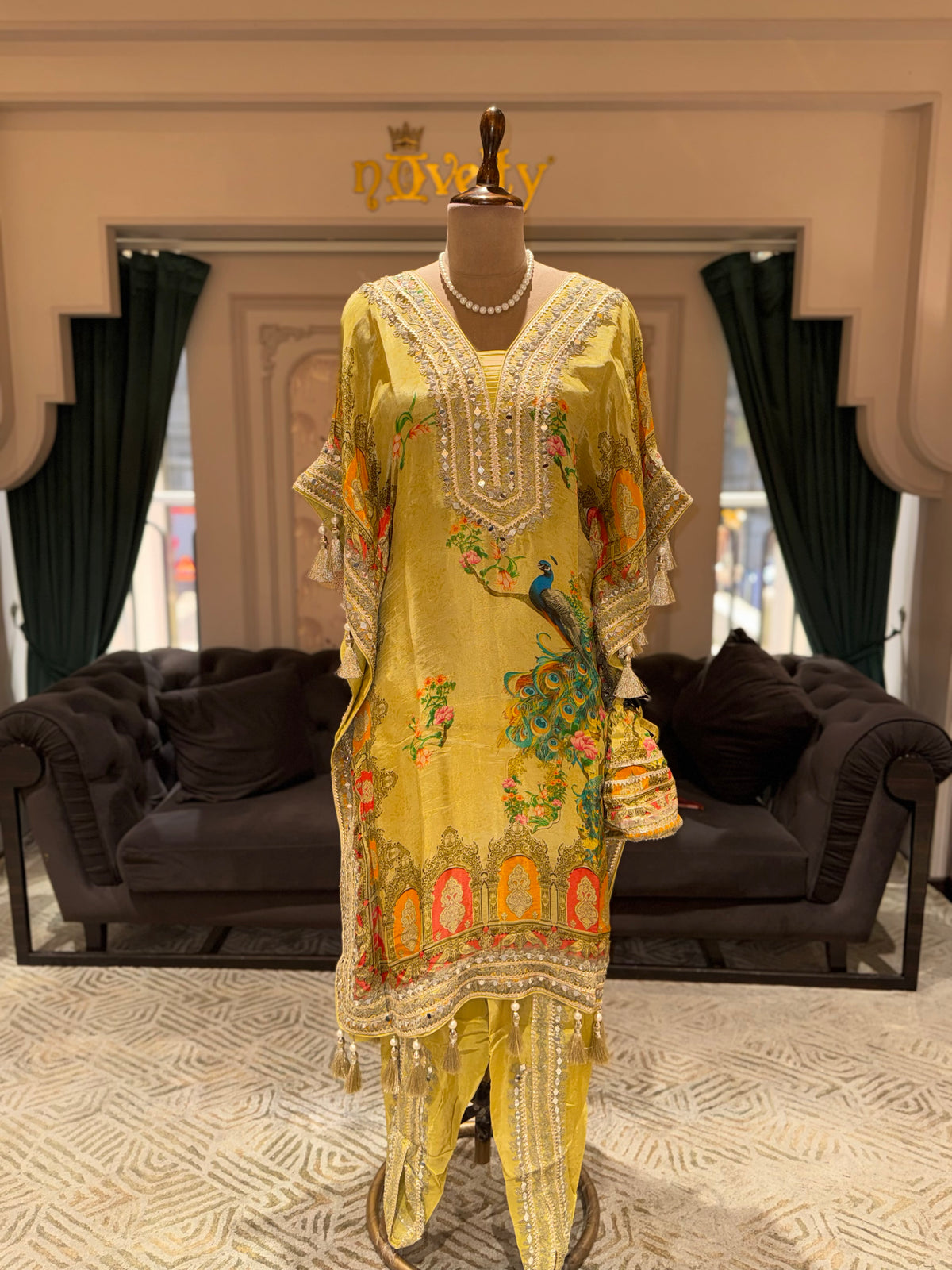 Yellow Peacock Print Embroidered Kaftan Suit