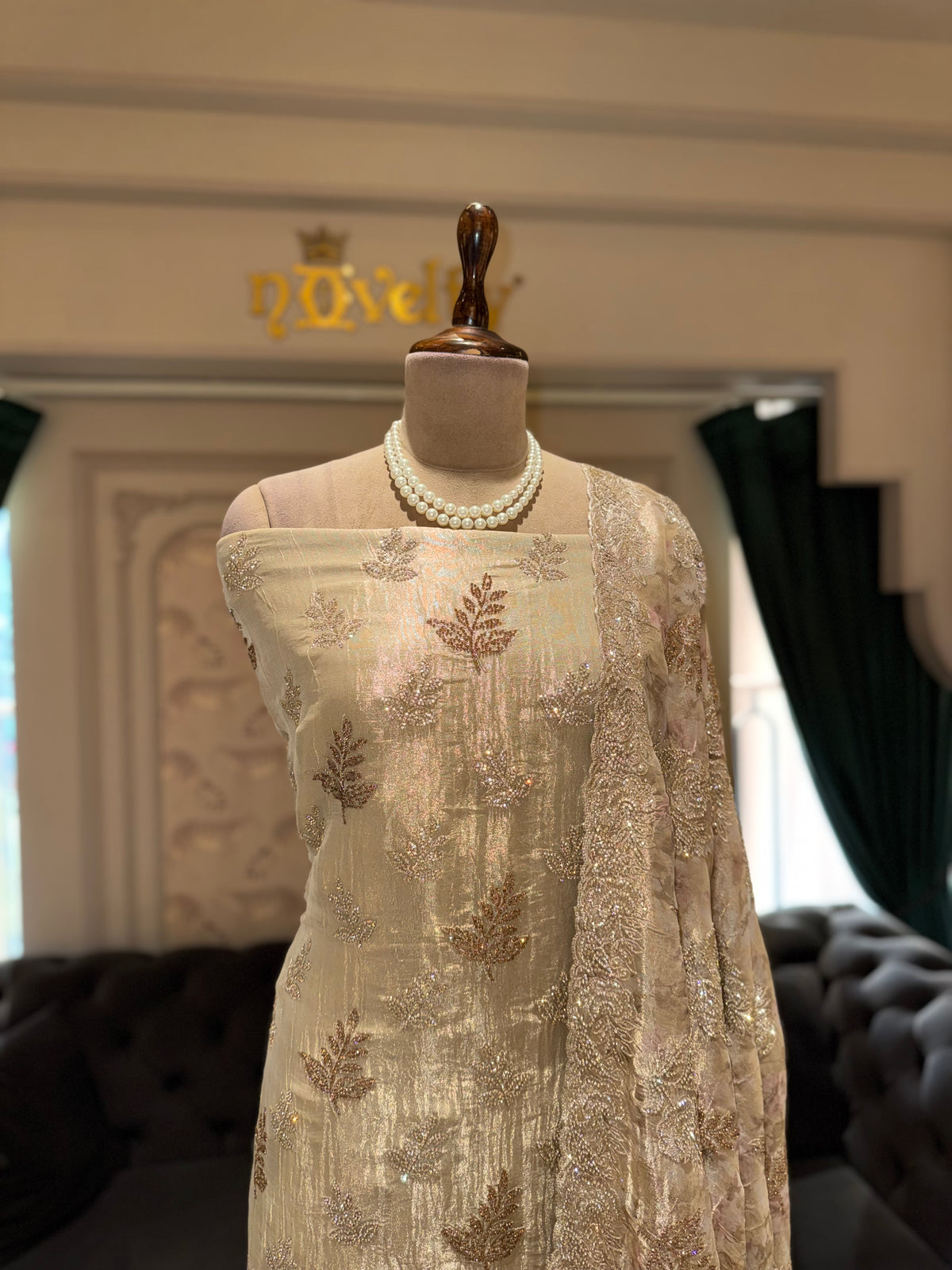 Champagne Gold Unstitched Silk Suit Set with Leaf Embroidery and Scalloped Dupatta