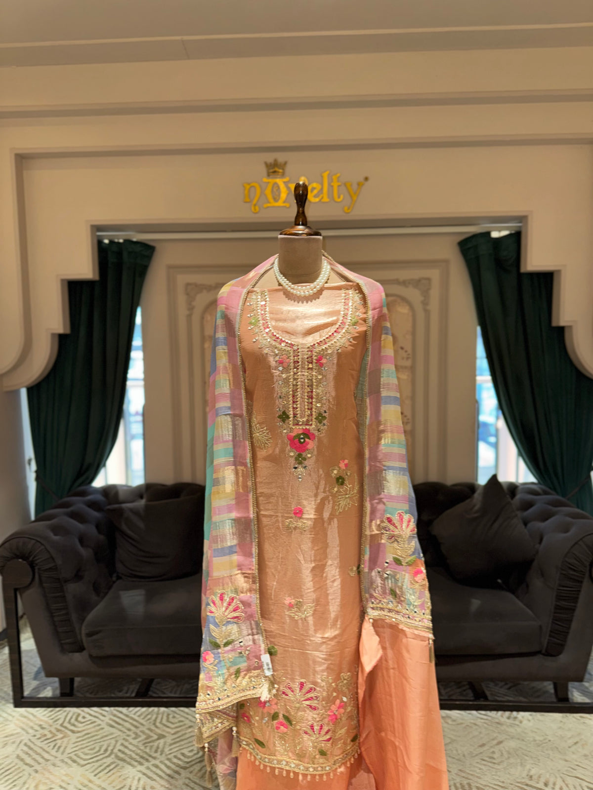 Peach Embroidered Unstitched Suit with Multicolour Dupatta
