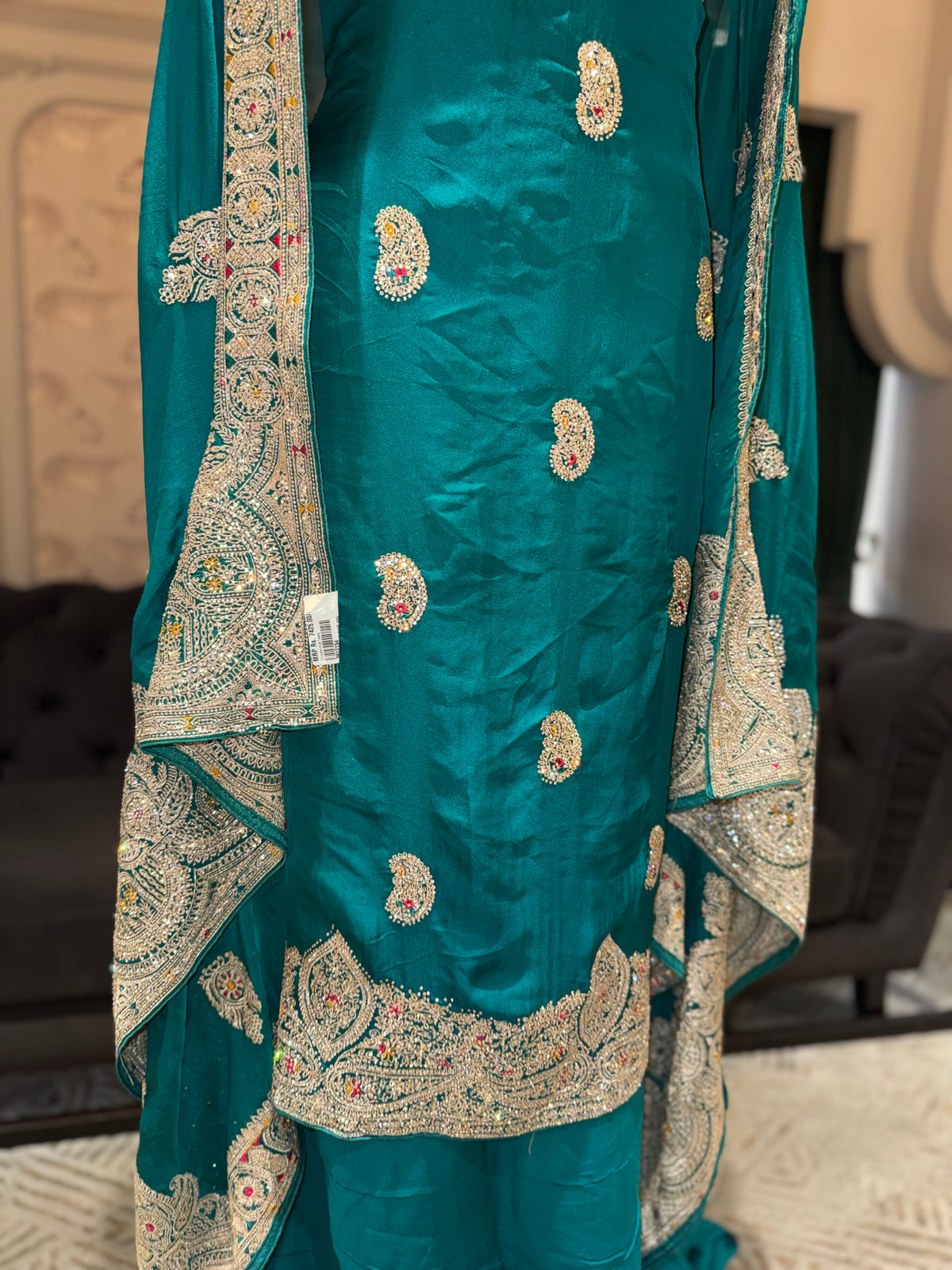 Peacock Blue Unstitched Silk Suit Set with Zardozi Paisley Bootis and Scalloped Border Dupatta