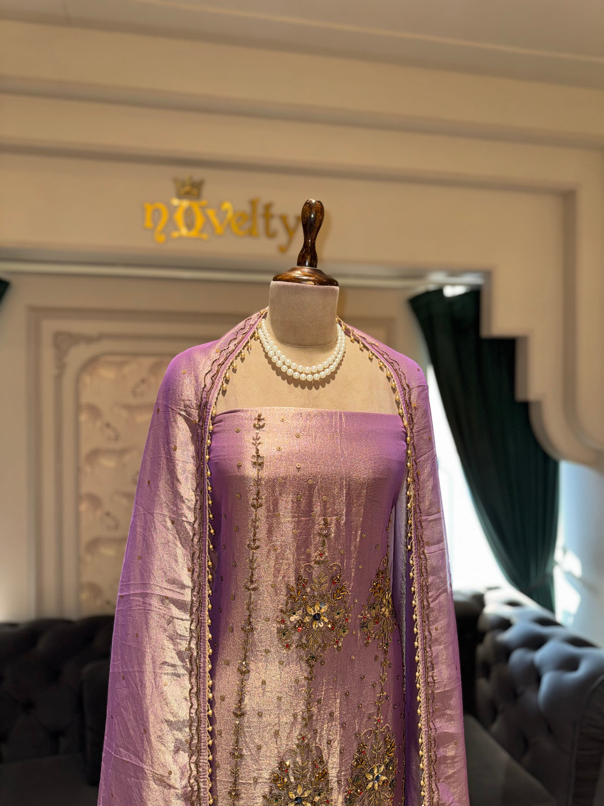 Lavender Unstitched Silk Suit Set with Metallic Gold Zari Weaving and Zardozi Motifs