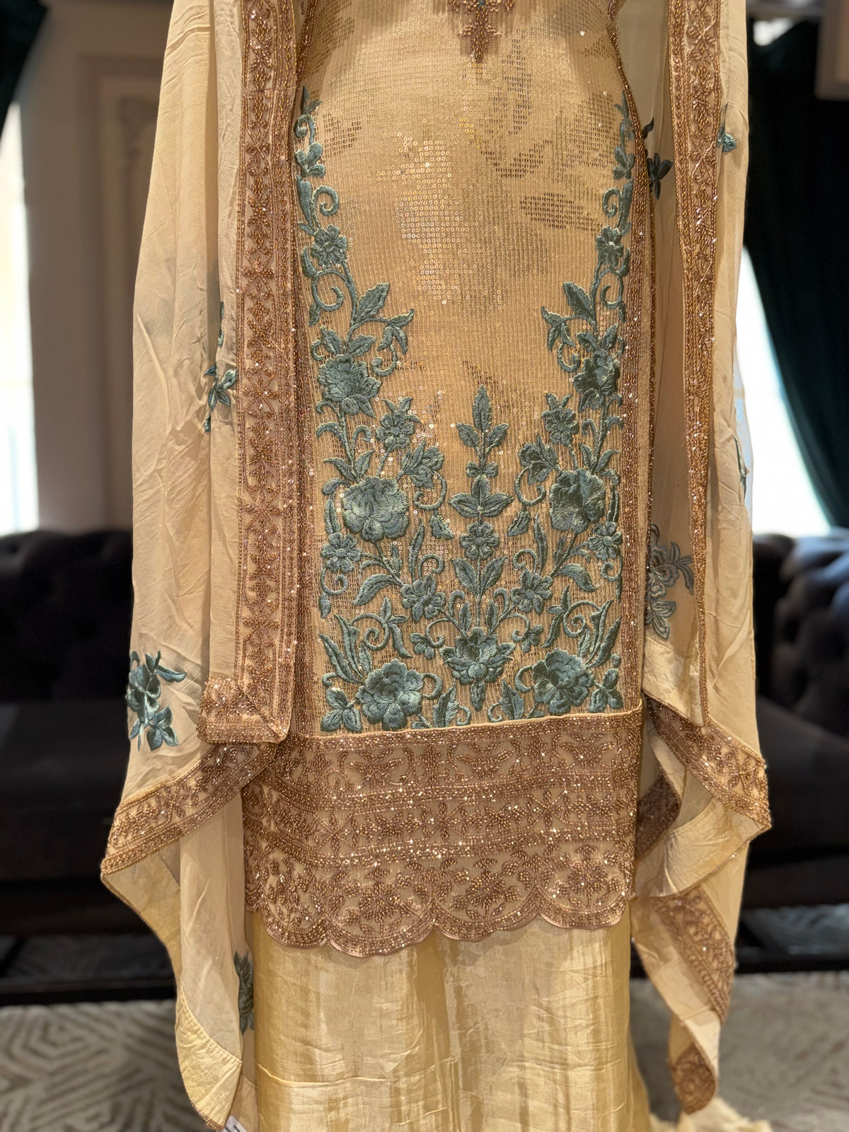 Pastel Yellow Unstitched Silk Suit Set with Sea-Green Floral Embroidery and Zardozi Borders