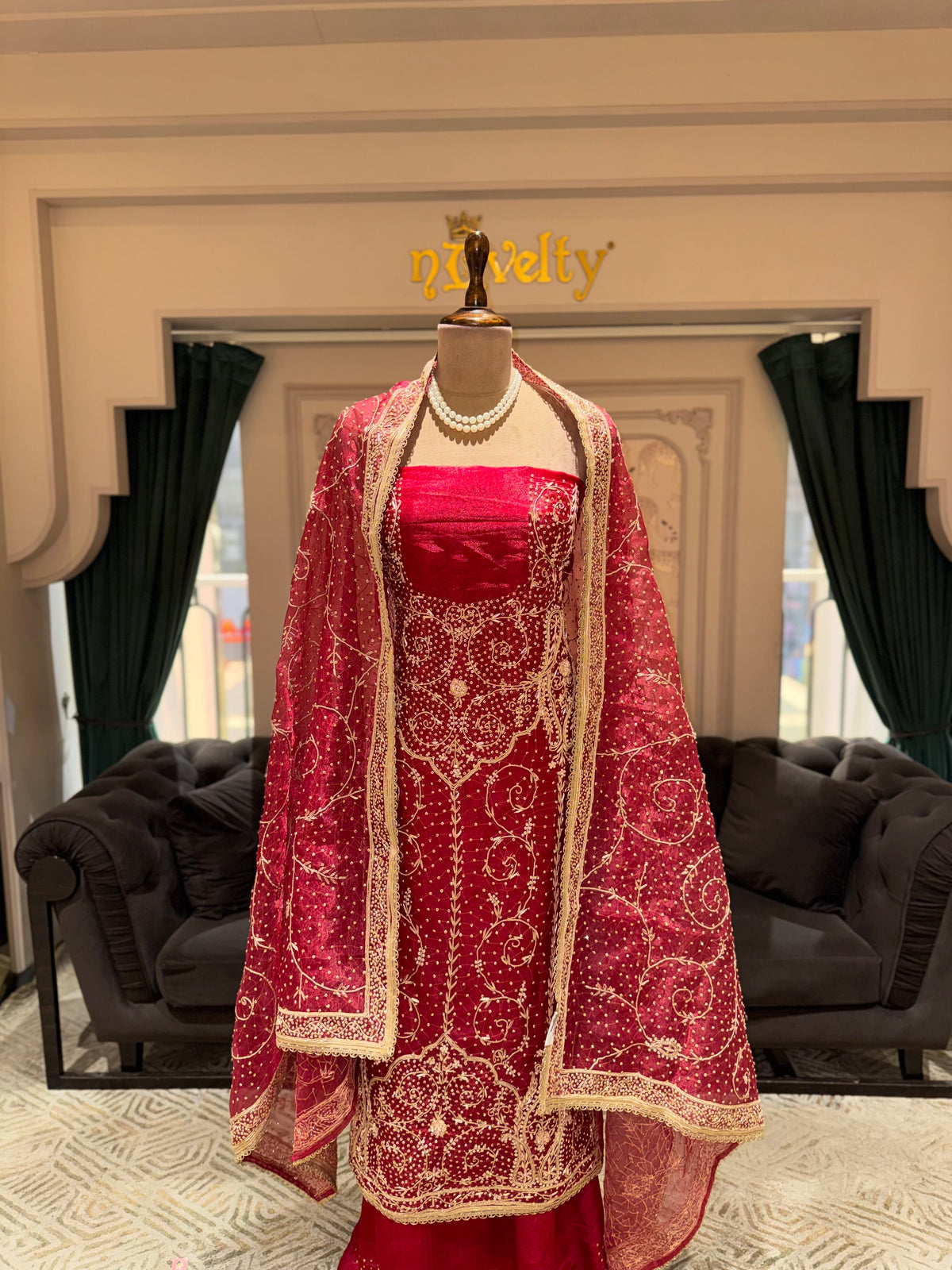 Crimson Red Unstitched Silk Suit Set with Dense Zardozi Work and Embroidered Dupatta
