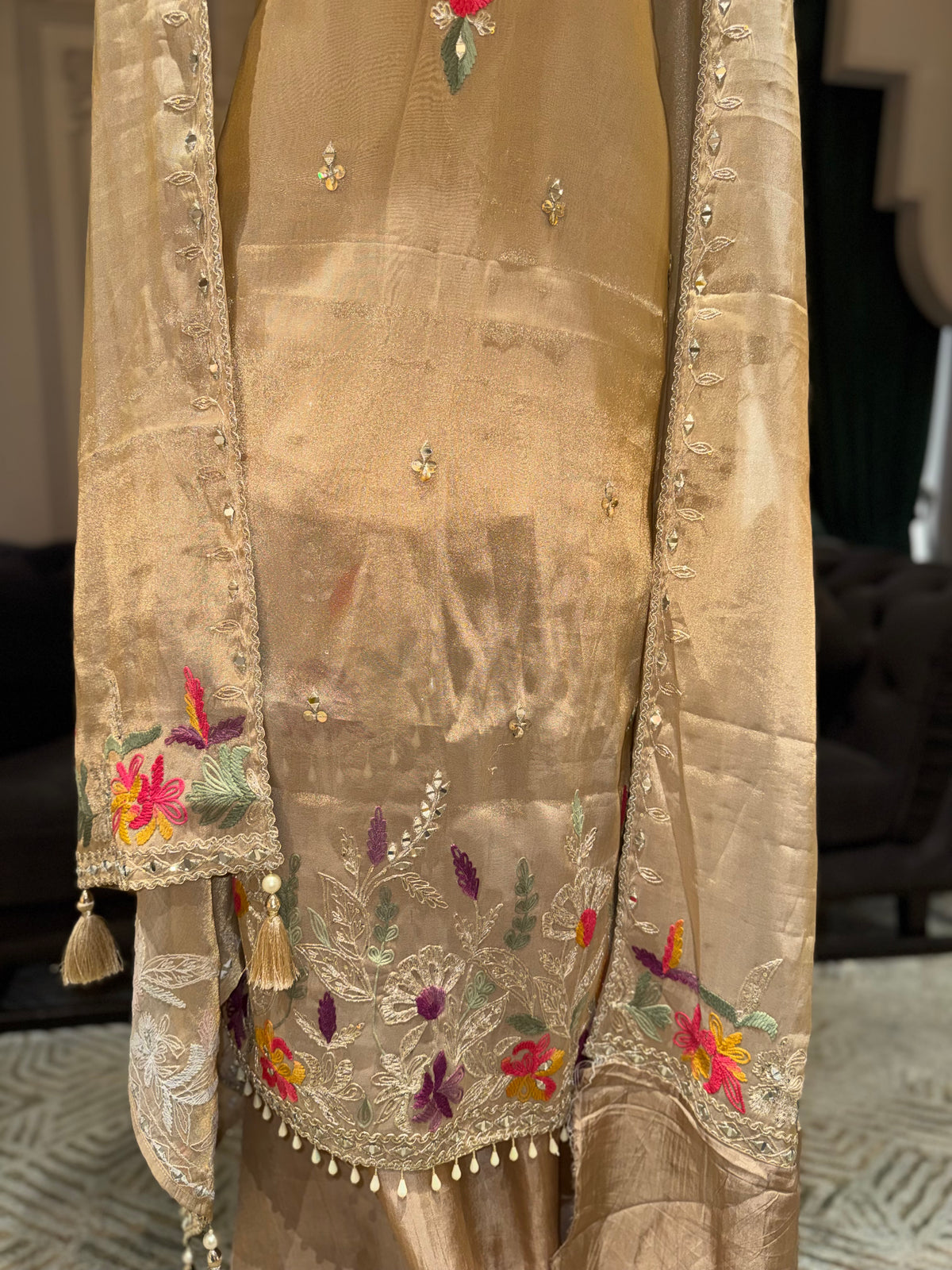 Beige Floral Embroidered Unstitched Suit