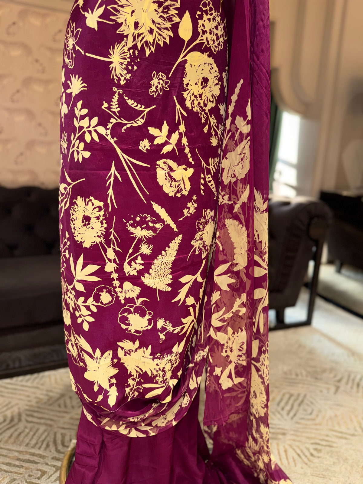 Magenta Floral Crepe Unstitched Suit