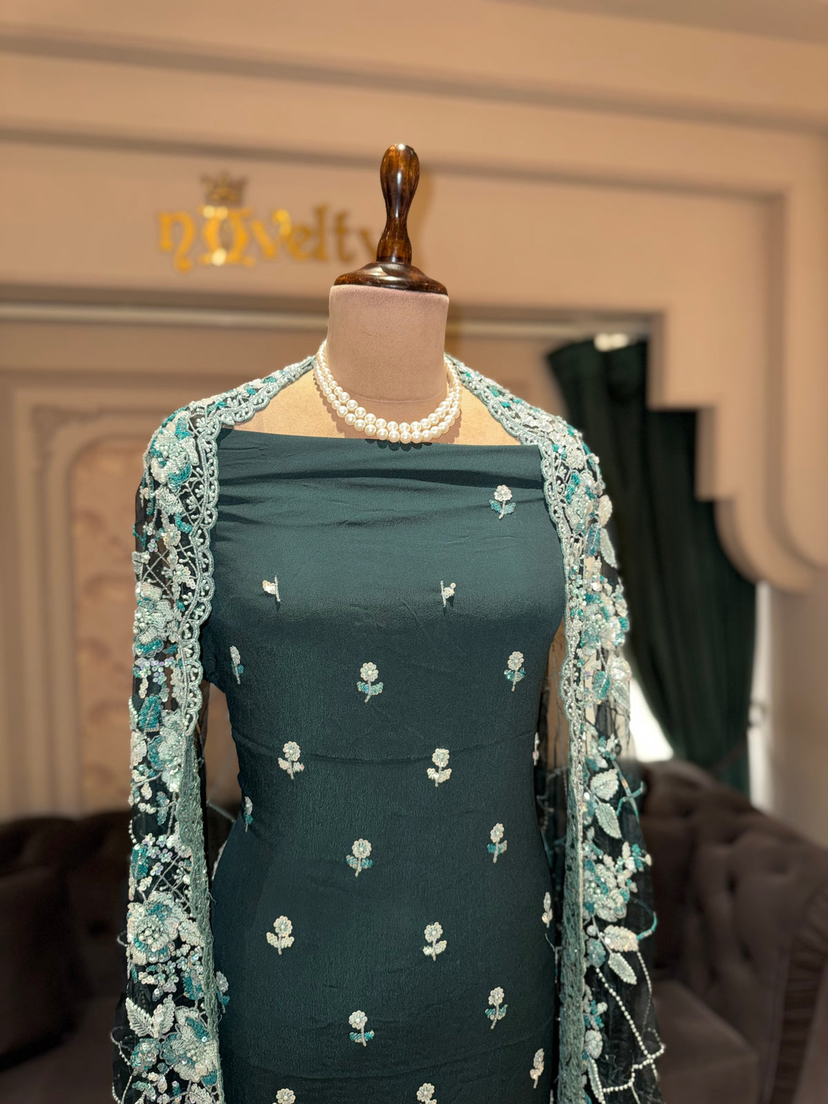 Emerald Green Unstitched Silk Suit Set with Scattered Floral Bootis & Mint Lace Dupatta