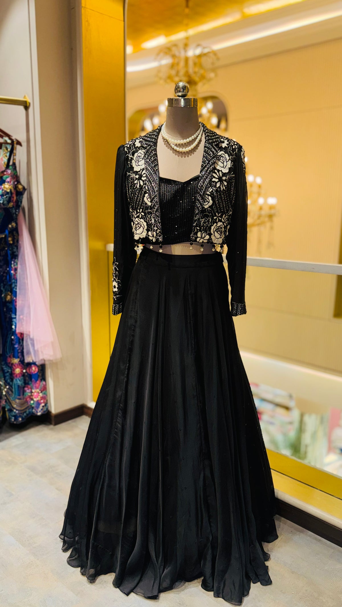 Black Floral Embroidered Jacket Style Lehenga