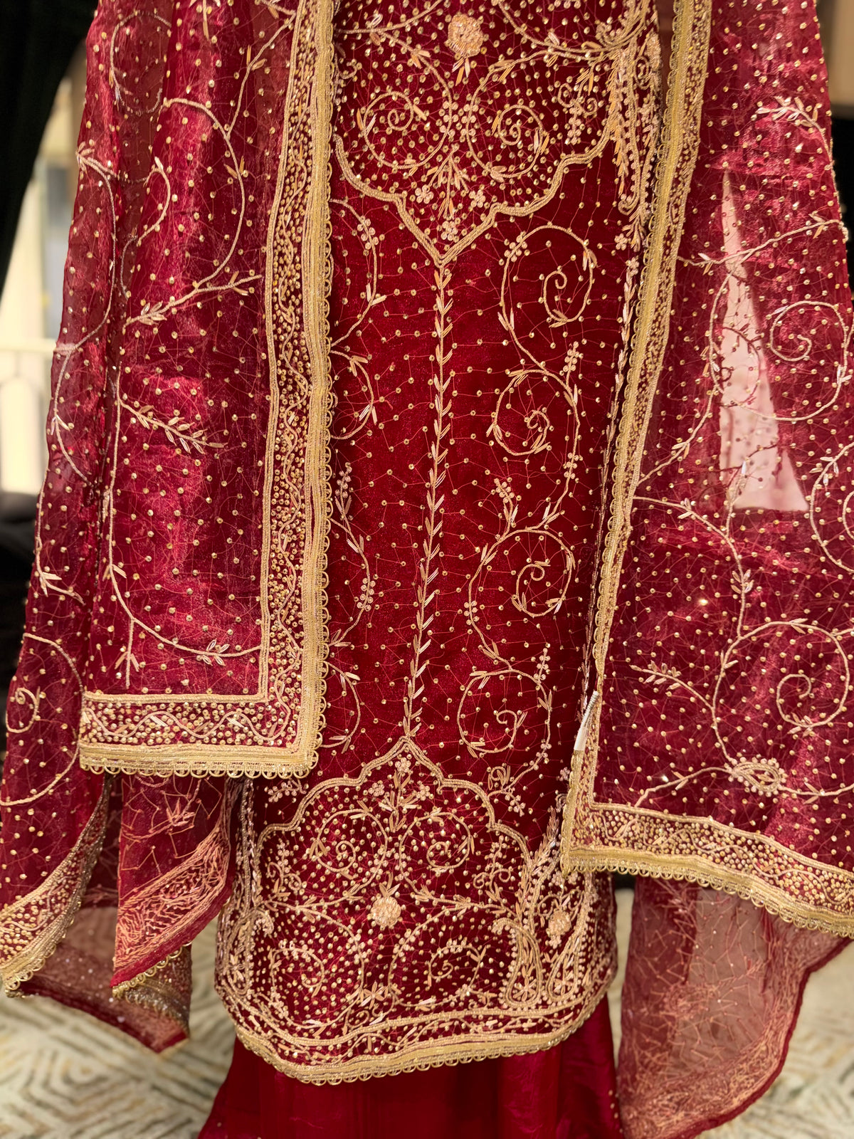 Crimson Red Unstitched Silk Suit Set with Dense Zardozi Work and Embroidered Dupatta