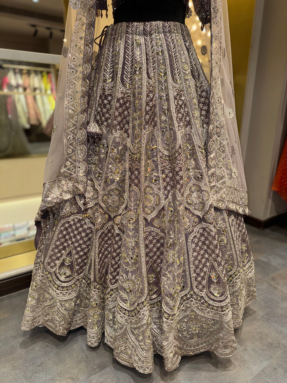 Charcoal Grey & Gold Embroidered Lehenga Set