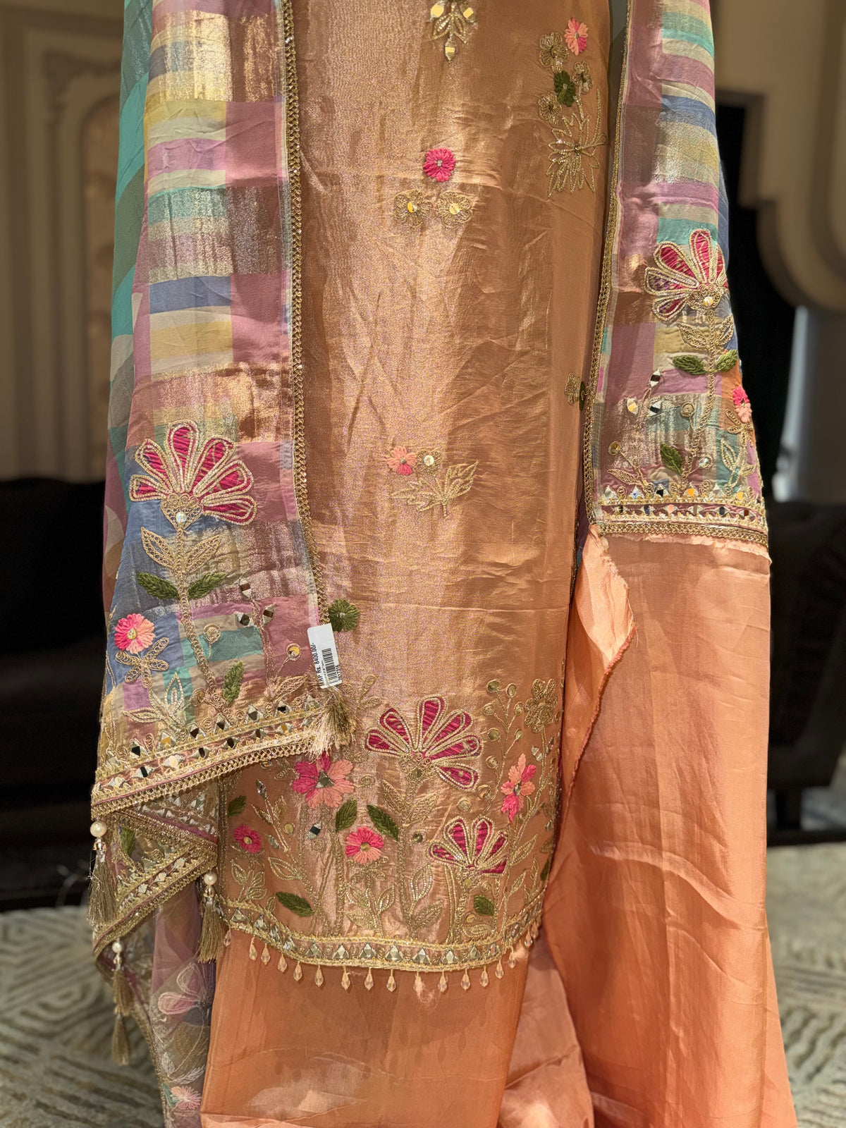 Peach Embroidered Unstitched Suit with Multicolour Dupatta