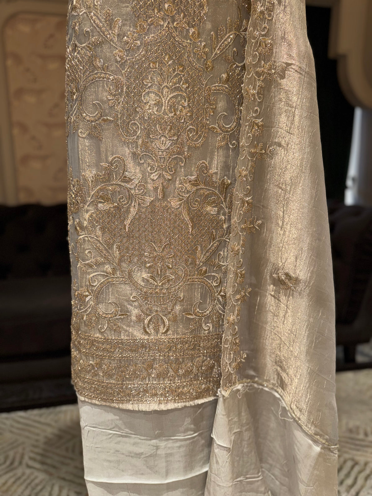 Champagne Gold Unstitched Tissue Silk Suit Set with Ornate Gold Zardozi Jaal & Scalloped Dupatta