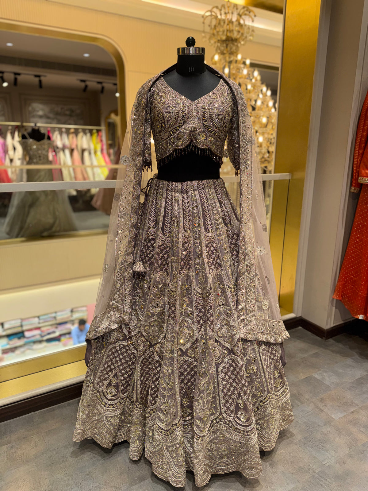 Charcoal Grey & Gold Embroidered Lehenga Set