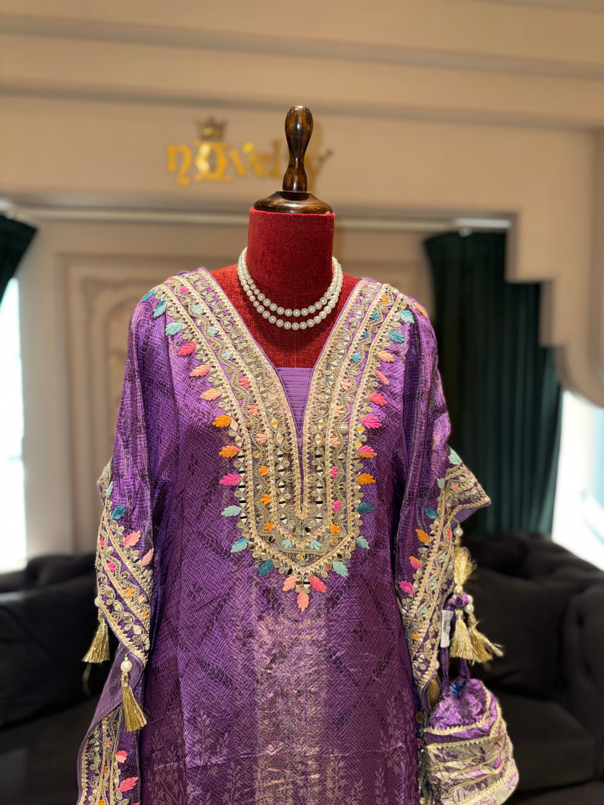 Purple Embroidered Kaftan with Matching Pants Set
