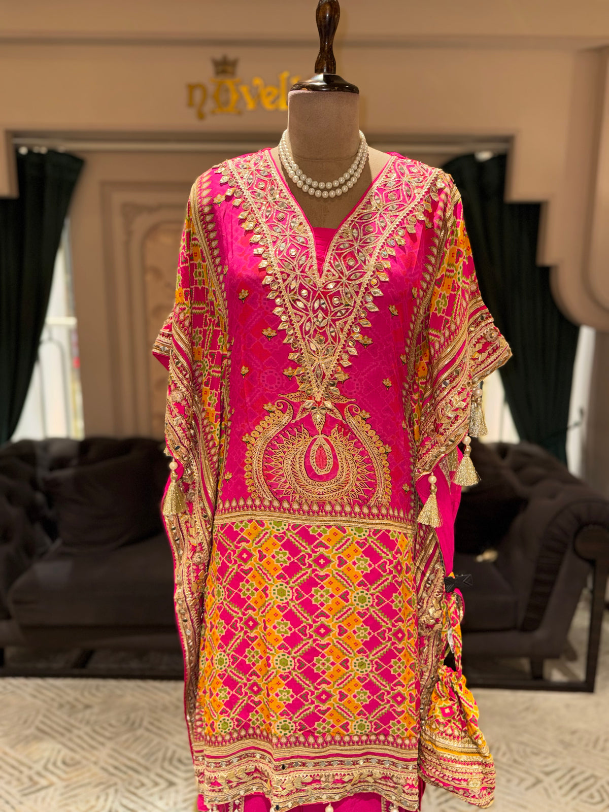 Hot Pink Embroidered Kaftan with Matching Dhoti Pants