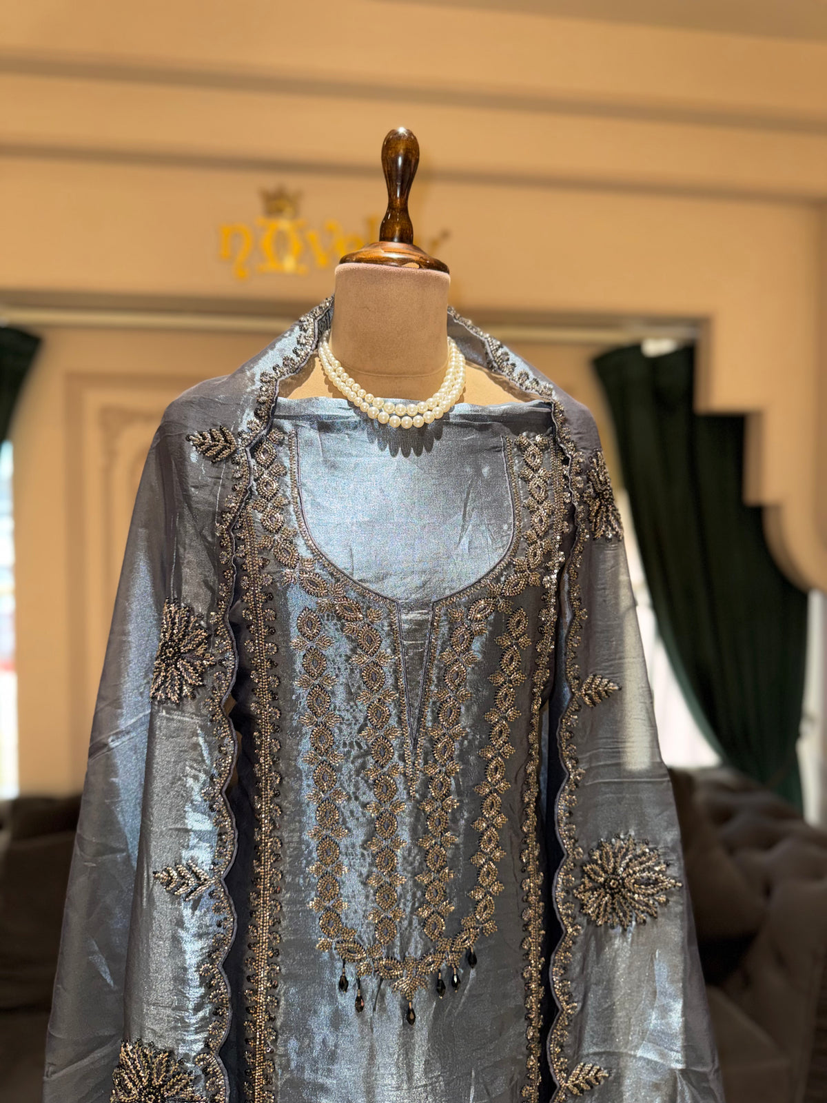 Slate Grey Unstitched Metallic Silk Suit Set with Cutdana Zardozi Yoke & Scalloped Dupatta