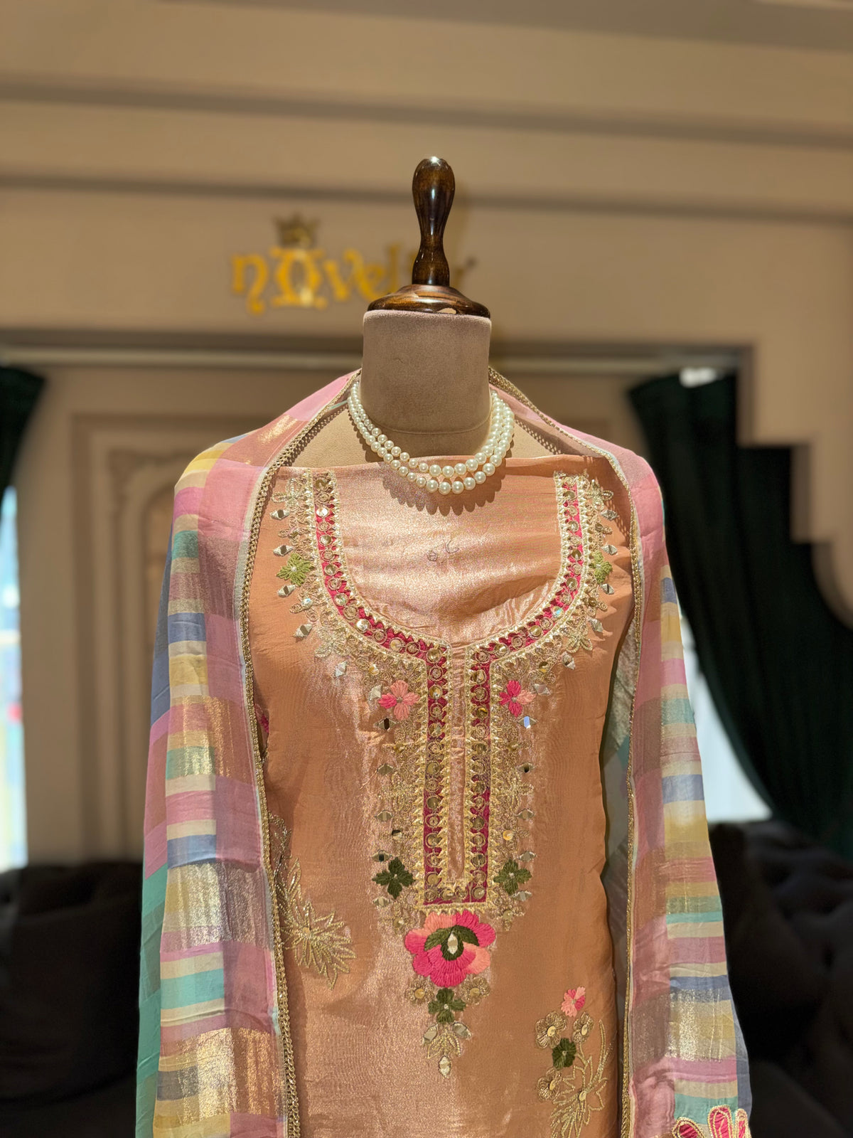Peach Embroidered Unstitched Suit with Multicolour Dupatta