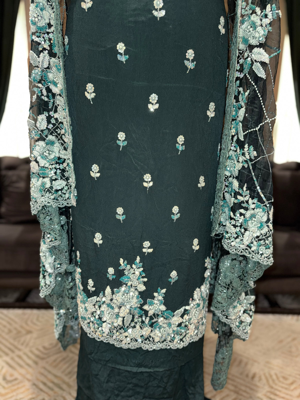 Emerald Green Unstitched Silk Suit Set with Scattered Floral Bootis & Mint Lace Dupatta