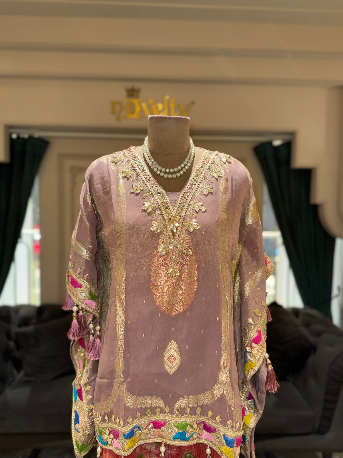 Dusty Pink Embroidered Kaftan with Floral Sharara Set